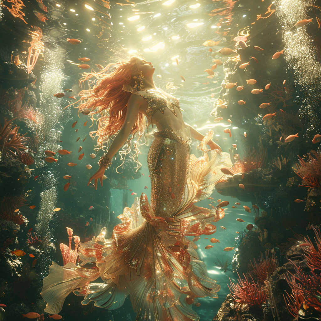 Stunning avatar of a mermaid swimming underwater, surrounded by light rays and bubbles, perfect for a profile picture.