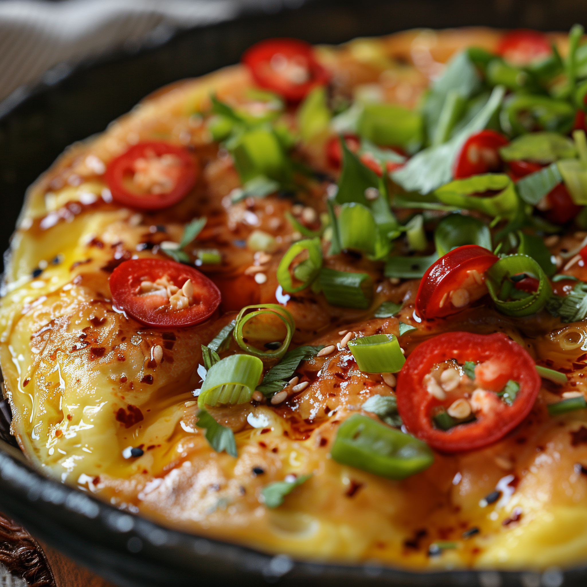 Close-up of a savory omelette garnished with sliced red chili and green onions, ideal for a food-themed profile picture.