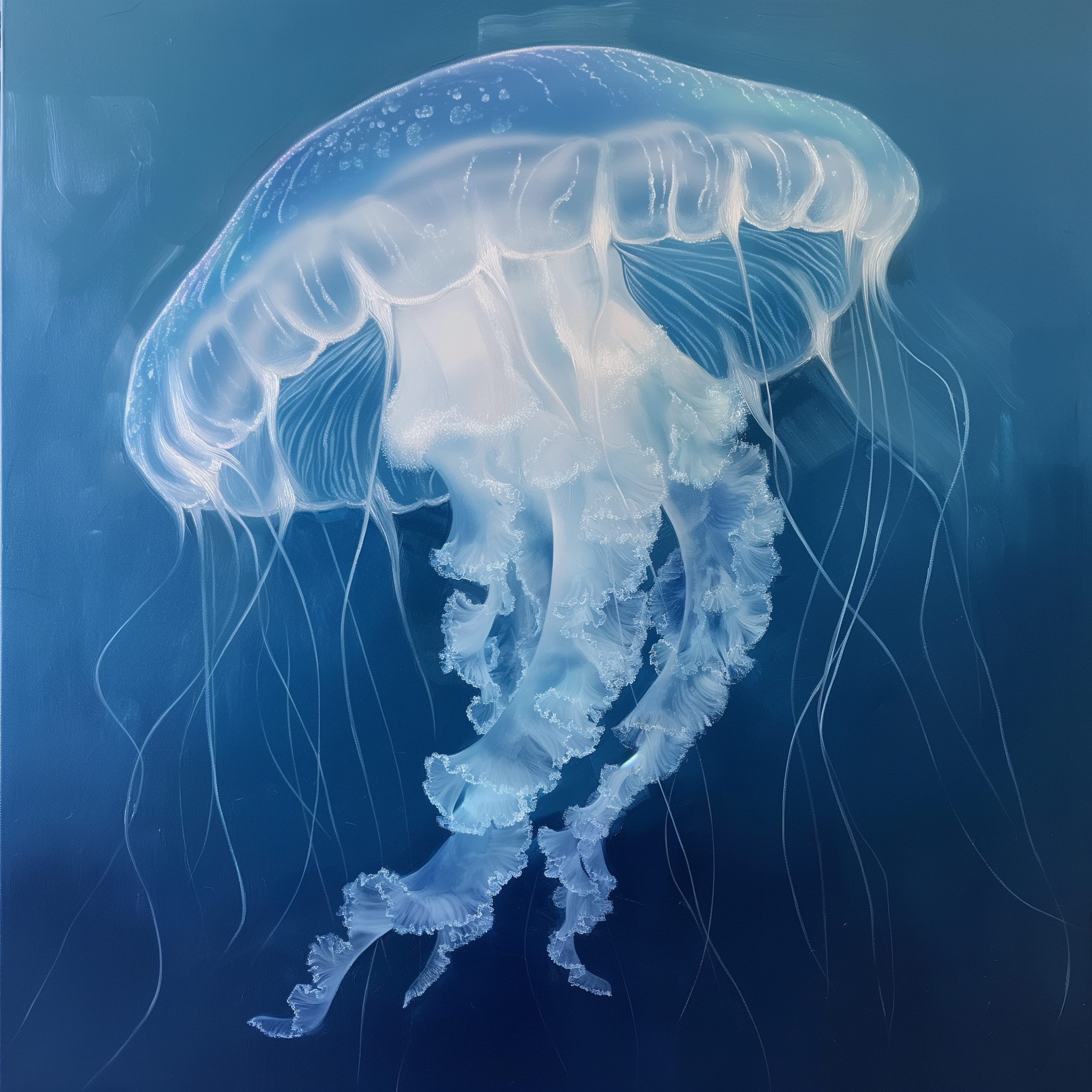 Avatar of a translucent jellyfish with delicate tentacles floating in a serene blue underwater backdrop.
