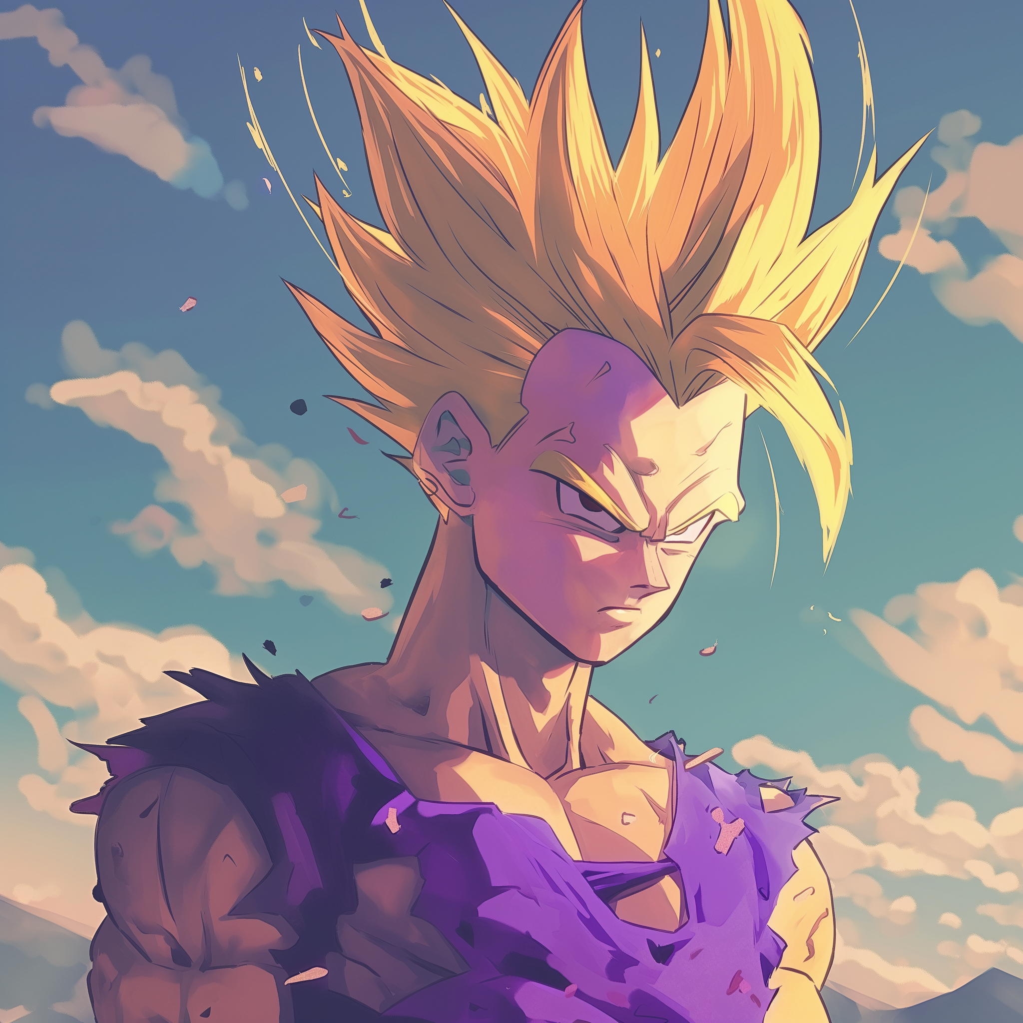 Avatar image of Gohan from Dragon Ball anime with spiked golden hair and determined expression against a sky backdrop.