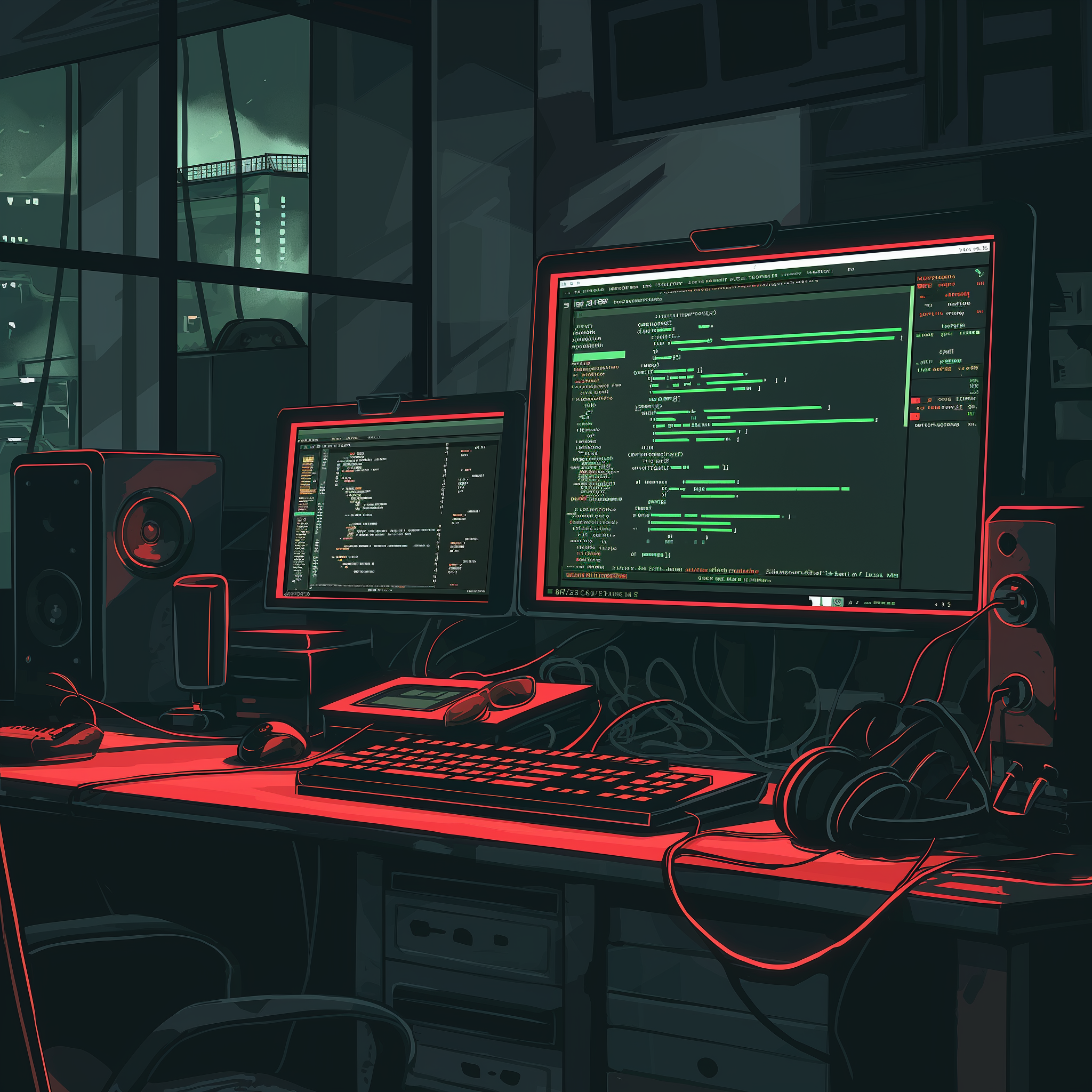 Illustration of a programming workspace at night with multiple screens displaying code, ideal for a developer's avatar or profile picture.