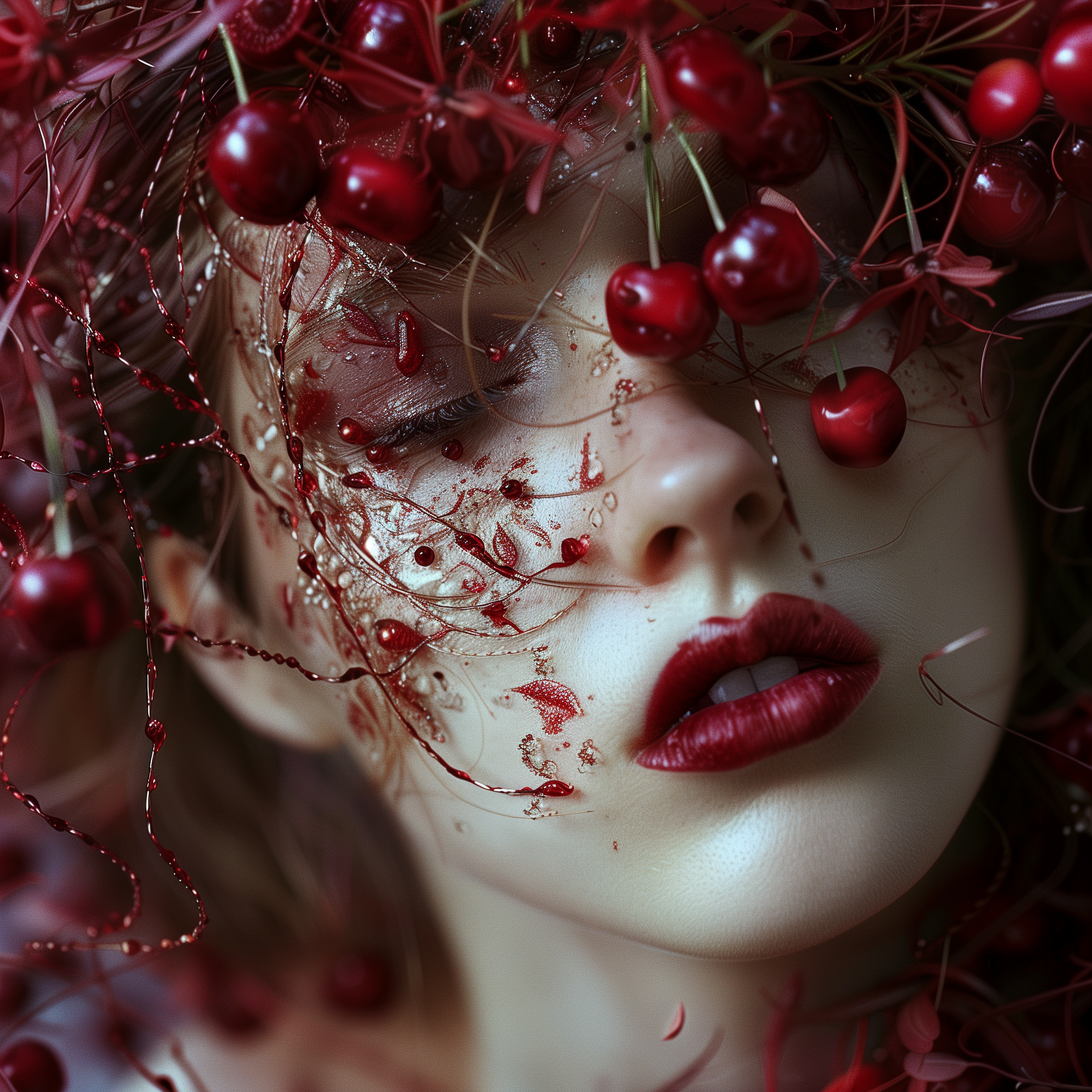 Close-up avatar of a woman with cherries adorning her hair and face, artistic profile picture with a focus on red tones.