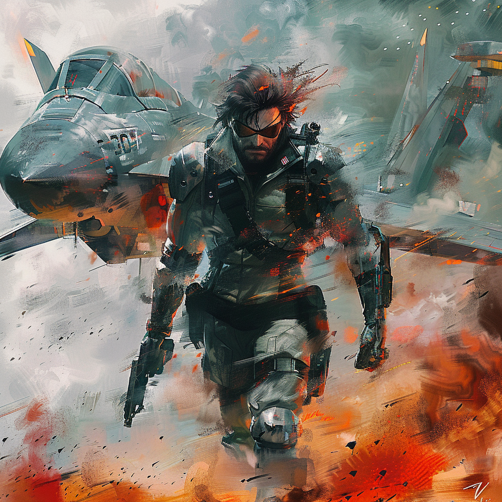 Avatar featuring dynamic Metal Gear fan art with a rugged soldier in motion, set against a backdrop of military jets and an explosive battlefield.