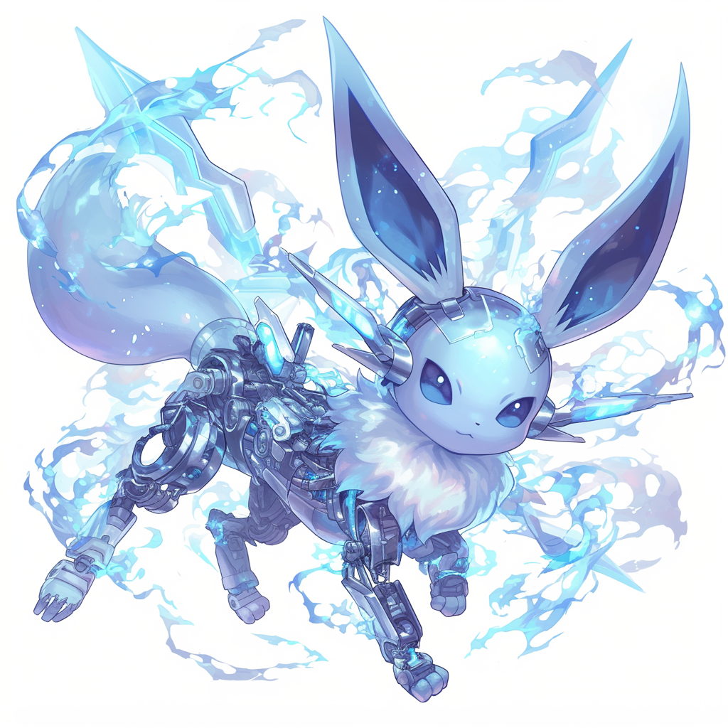 Avatar image featuring a stylized robotic version of Pokémon Eevee enhanced with futuristic mechanical elements, set against a dynamic energy backdrop. #Pokémon #Eevee #RobotAvatar