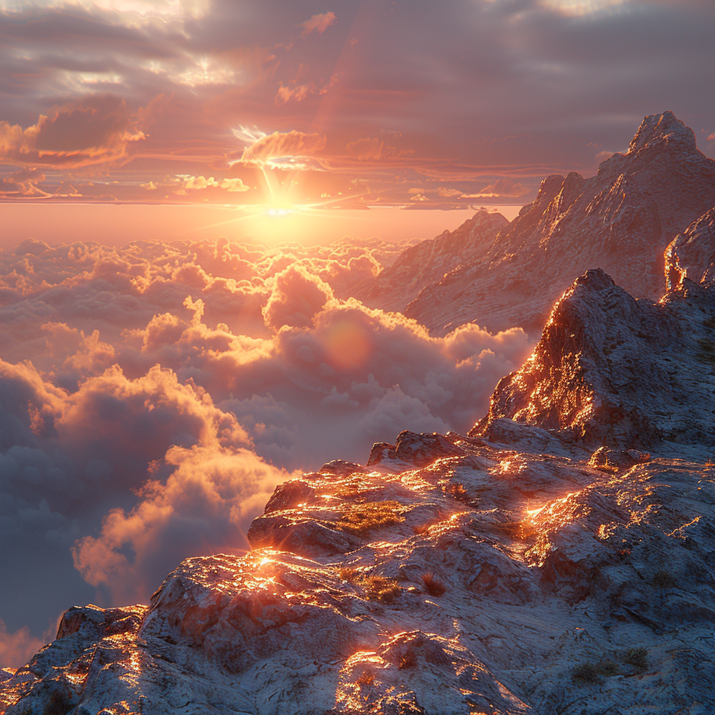 Stunning avatar of a sunrise over a mountain landscape with sunlight illuminating the peaks and clouds below, creating a warm and inviting profile picture.