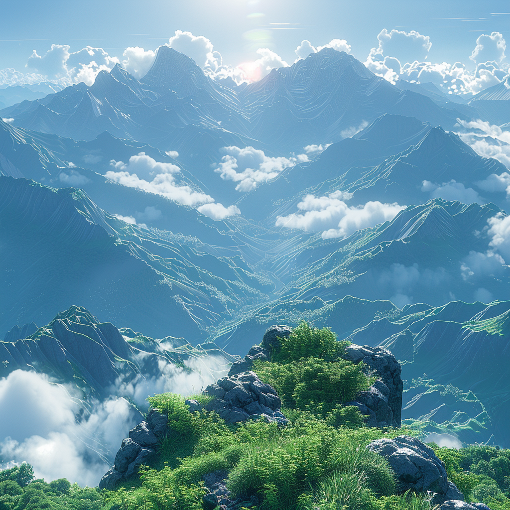 Alt Text: Bright and sunny mountain landscape avatar with lush greenery and clouds nestled amongst majestic peaks.