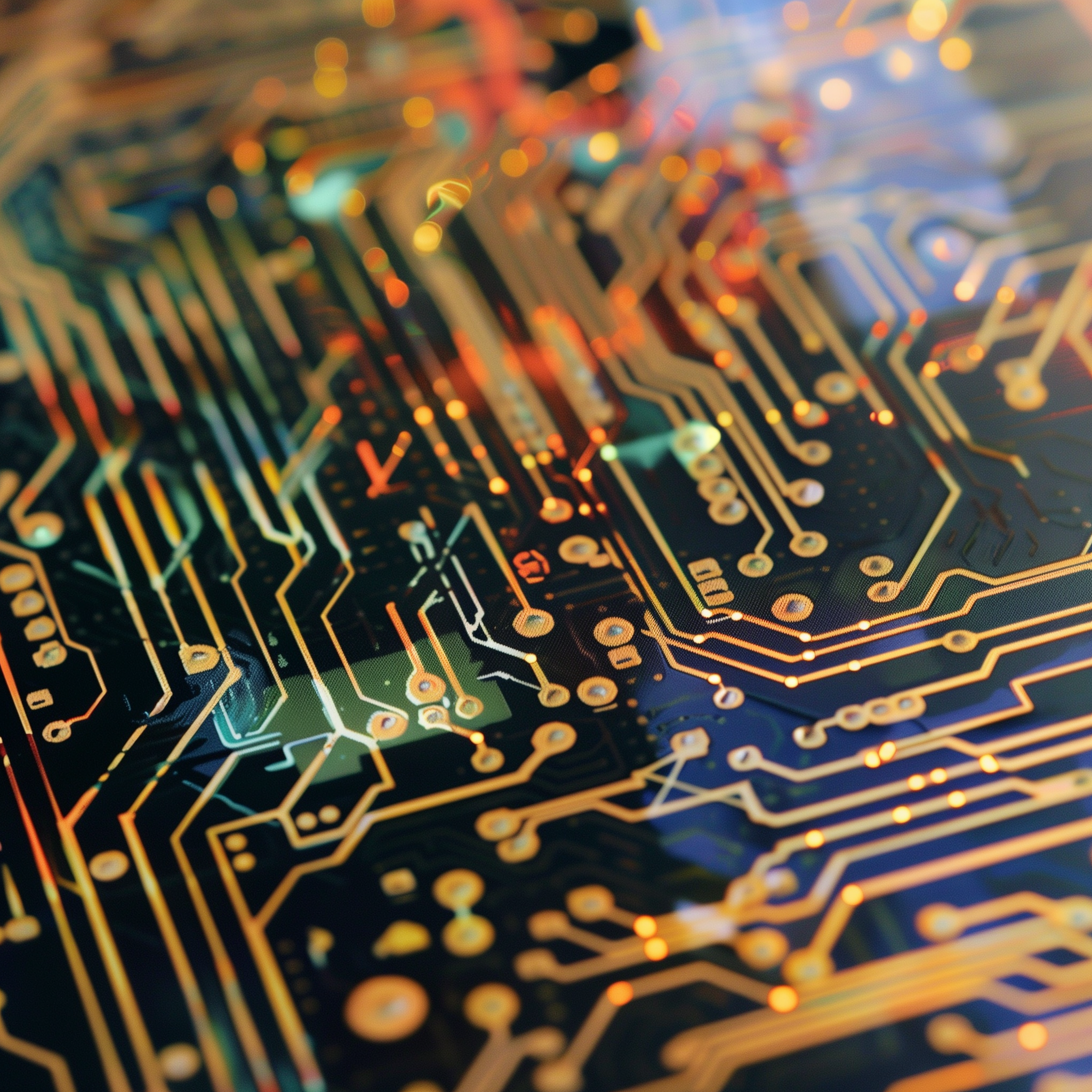 Close-up avatar of a colorful circuit board with intricate electronic pathways and components, highlighting technology themes.