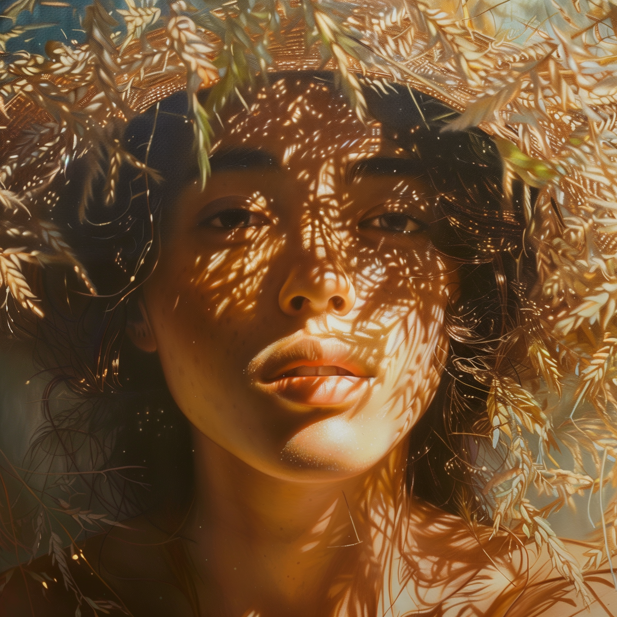 Avatar of a woman bathed in sunlight with a shadow of leaves on her face, depicting calm and serenity.