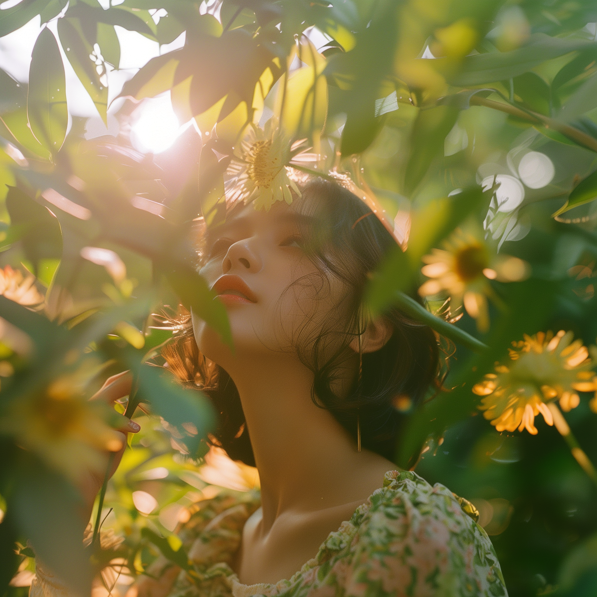 Avatar of a woman bathed in sunlight among flowers, capturing a serene and sunny disposition.