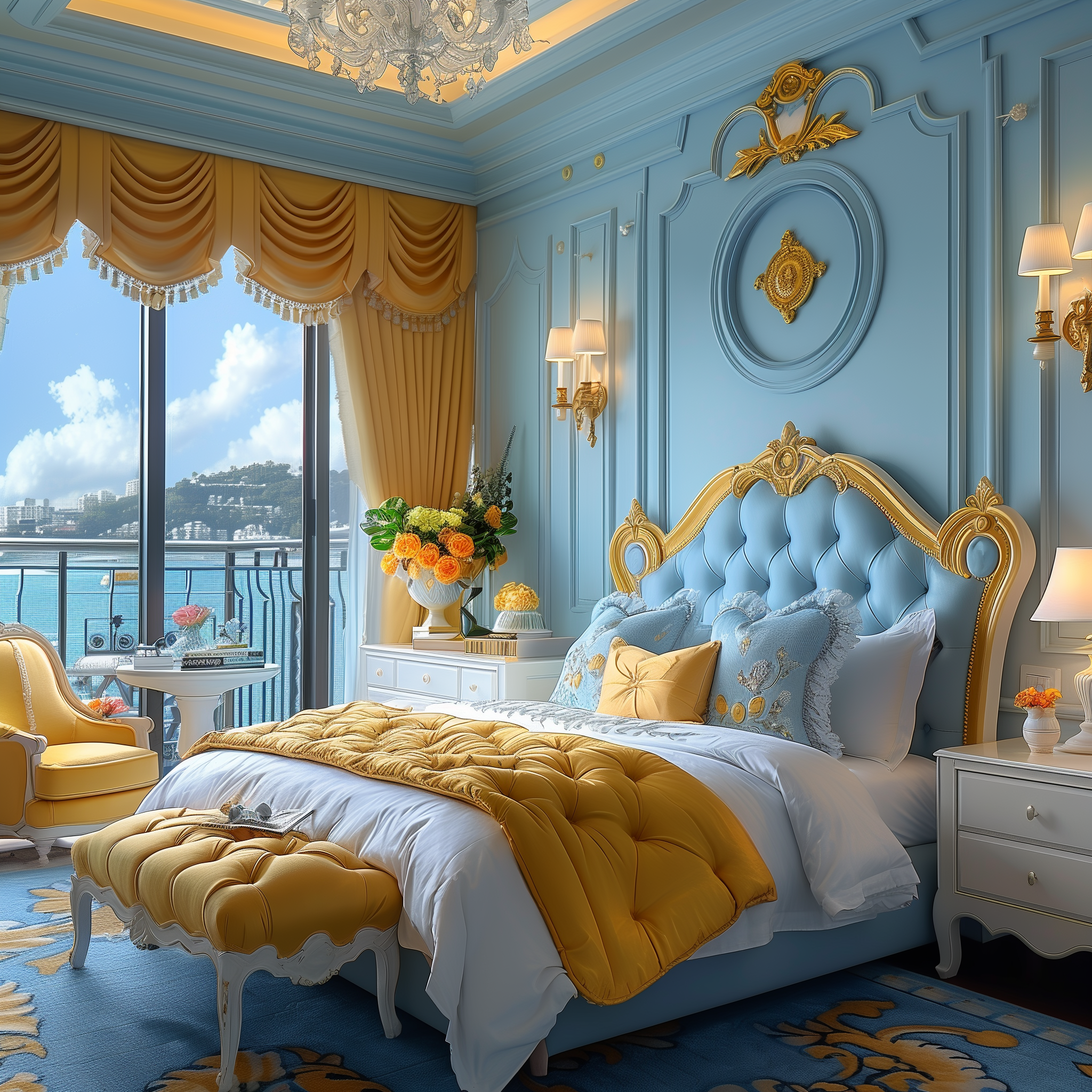 Luxurious Disney-themed bedroom with blue walls and elegant gold accents for avatar or profile picture use.
