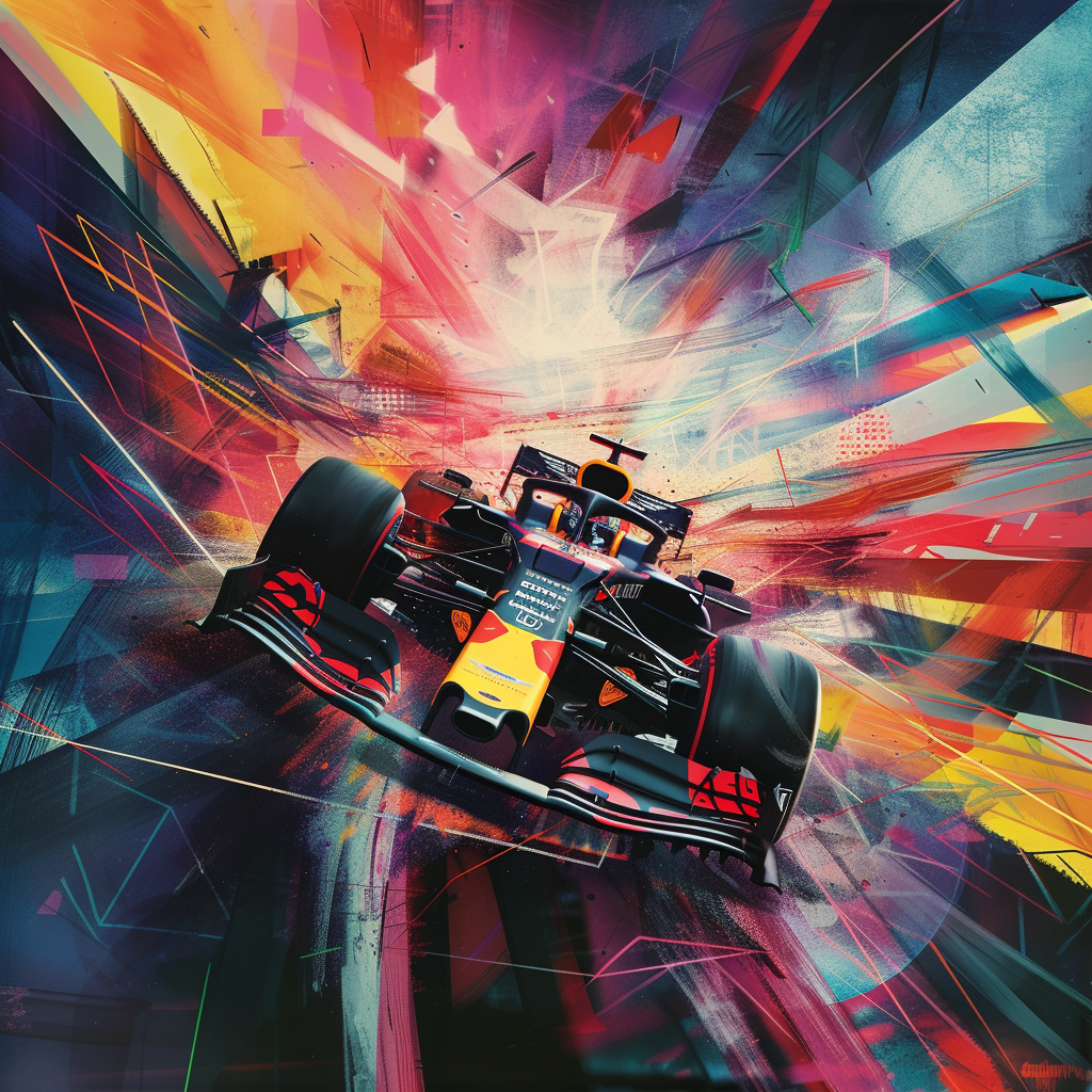 Stylized Red Bull Racing Formula 1 car avatar with dynamic, colorful abstract background.