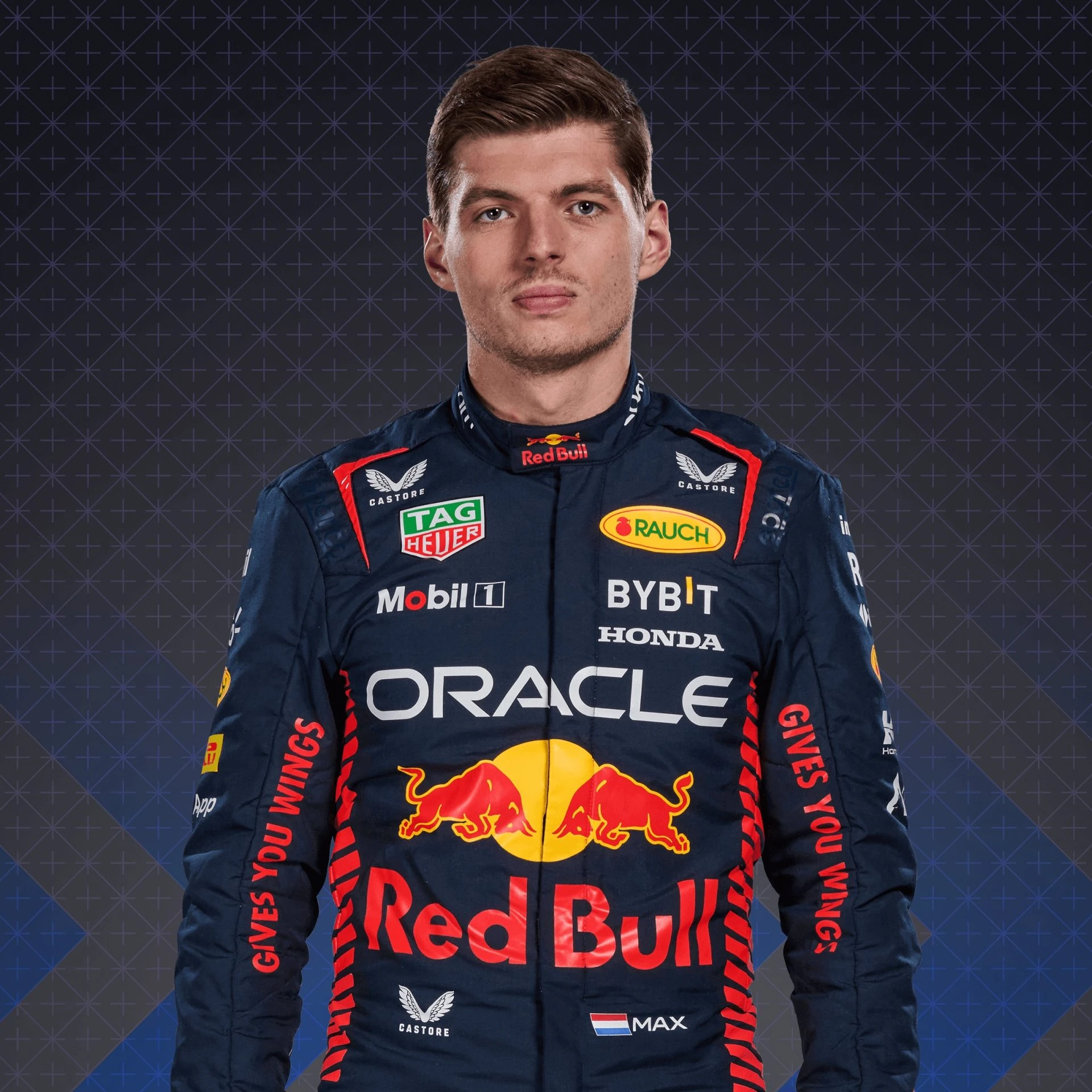 Avatar of an F1 racing driver in a Red Bull racing suit against a patterned background, representing sports and high-speed motorsport competition.