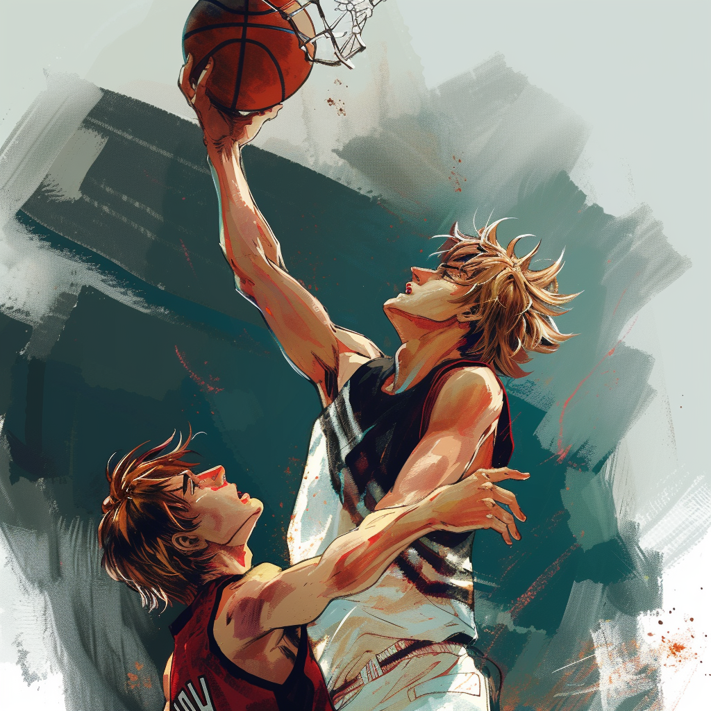 Animated basketball players in action, one performing a slam dunk over another, in a dynamic and stylized sports avatar illustration.