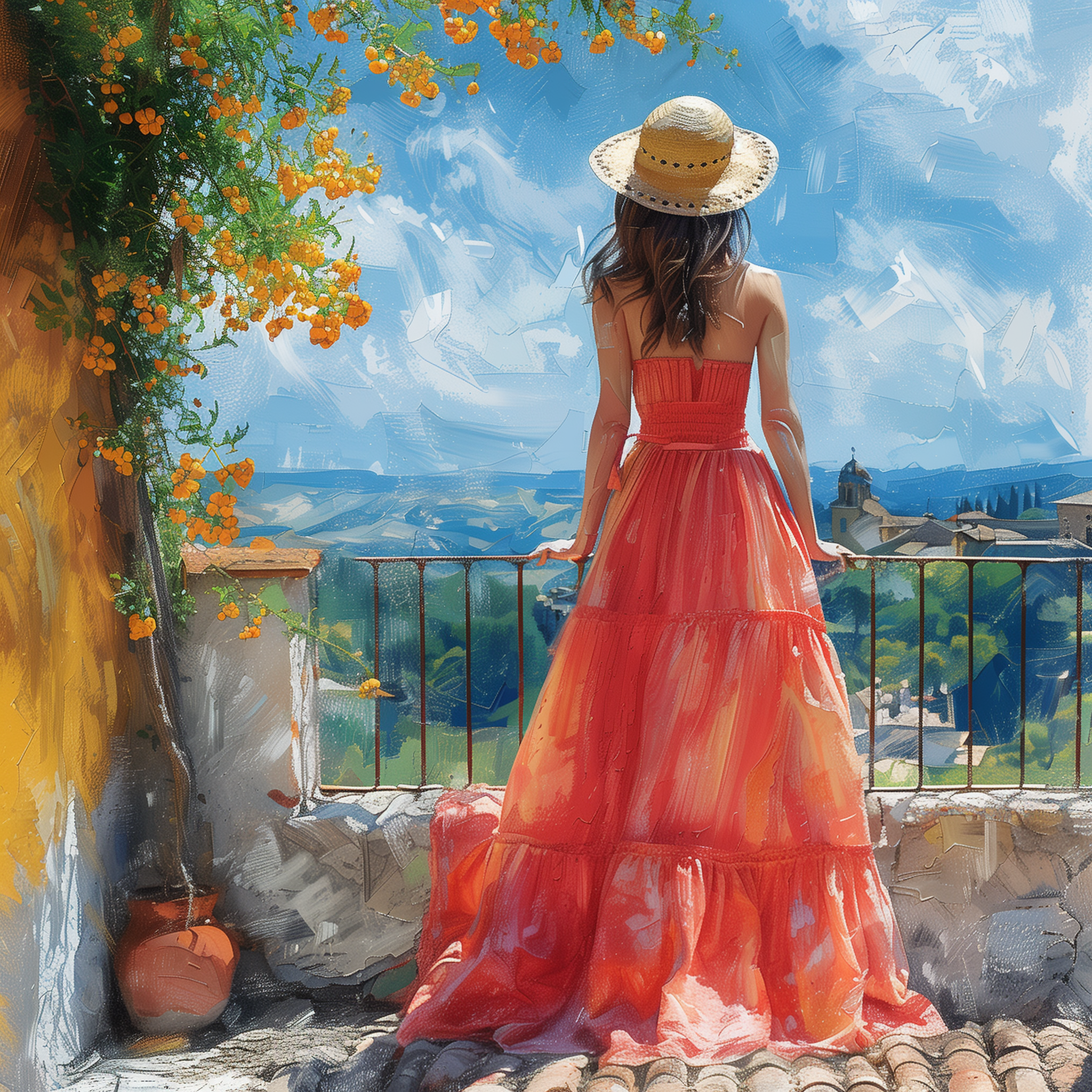 Woman in a red sundress and straw hat standing in a scenic environment, avatar image.
