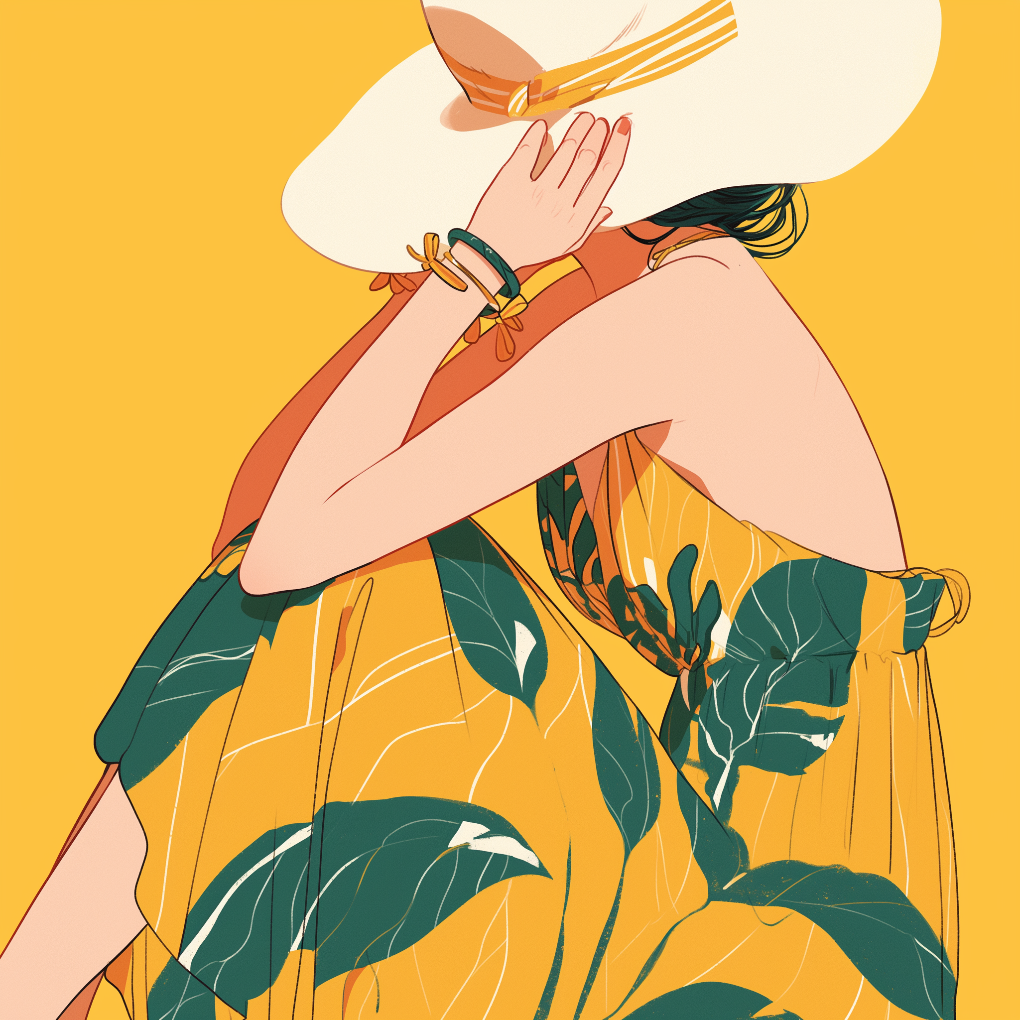 Woman in yellow sundress and wide-brimmed hat avatar illustration.