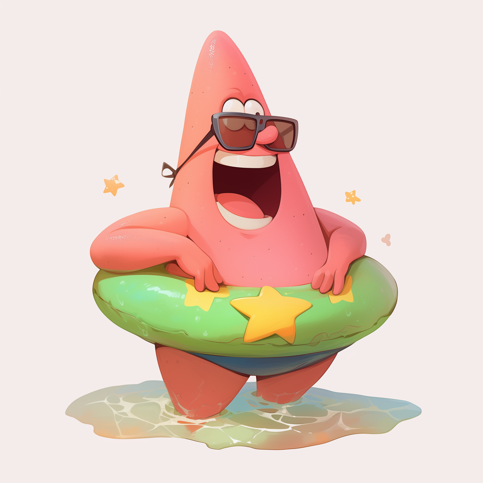 Cartoon avatar of Patrick Star from SpongeBob SquarePants, wearing sunglasses and striking a pose on a pool float, perfect for a fun profile picture.