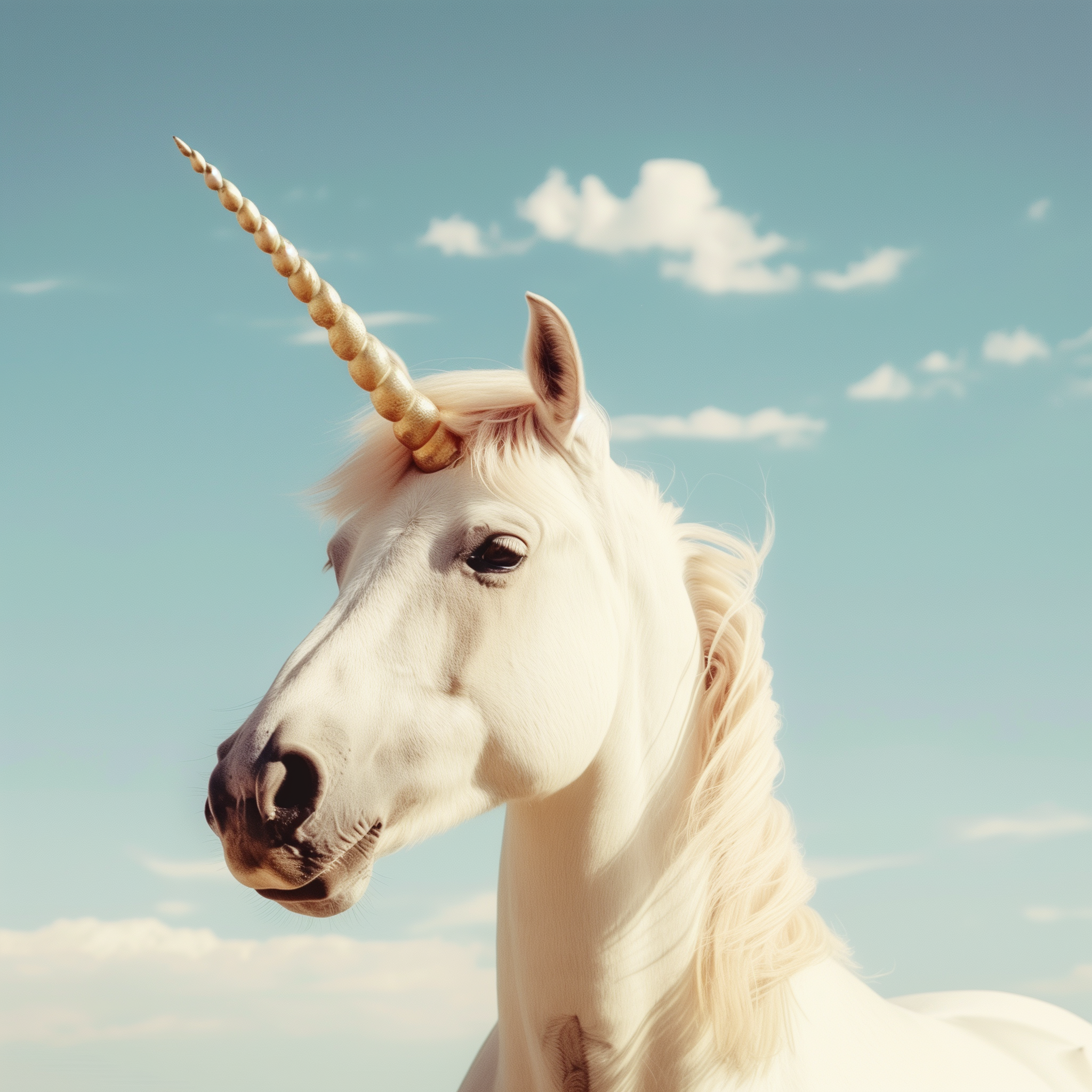 Avatar of a majestic unicorn with a golden horn against a blue sky with fluffy clouds, perfect for a fantasy-themed profile picture.
