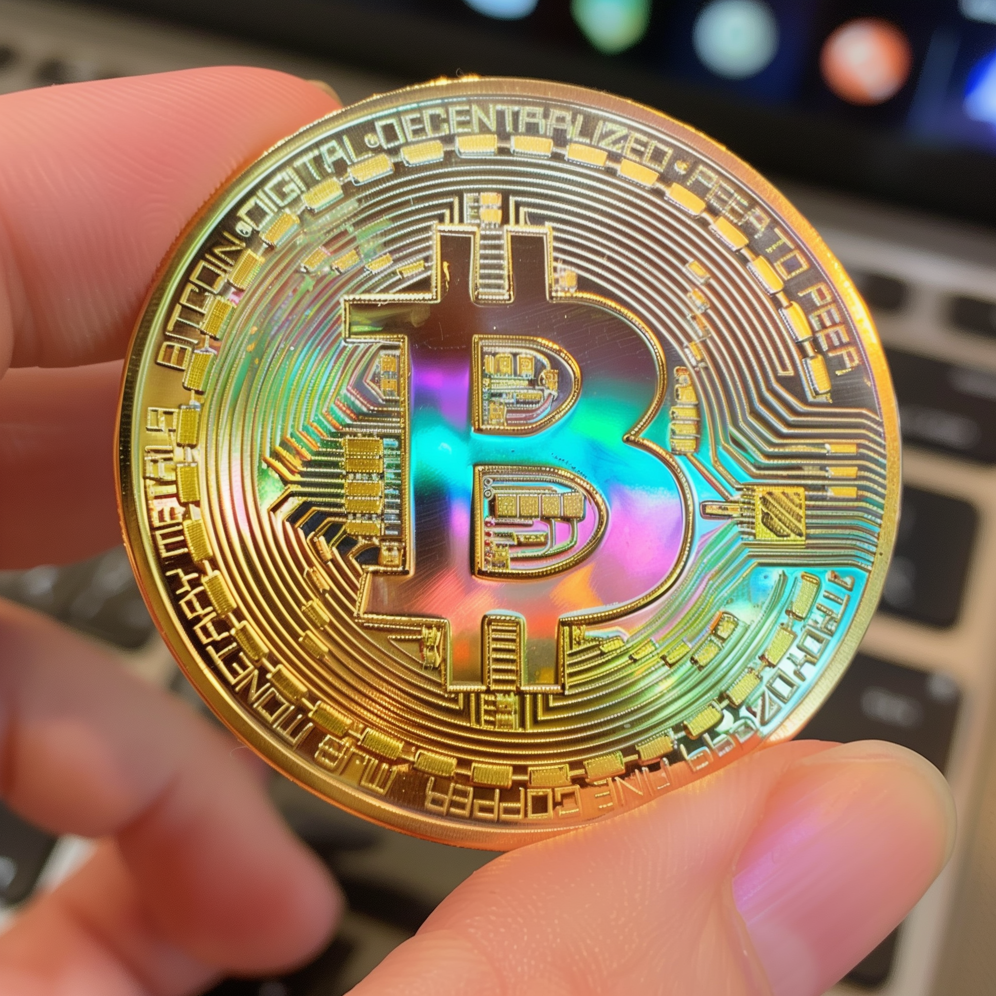 Close-up of a shiny Bitcoin held between fingers with blurred technology background, symbolizing cryptocurrency investment.