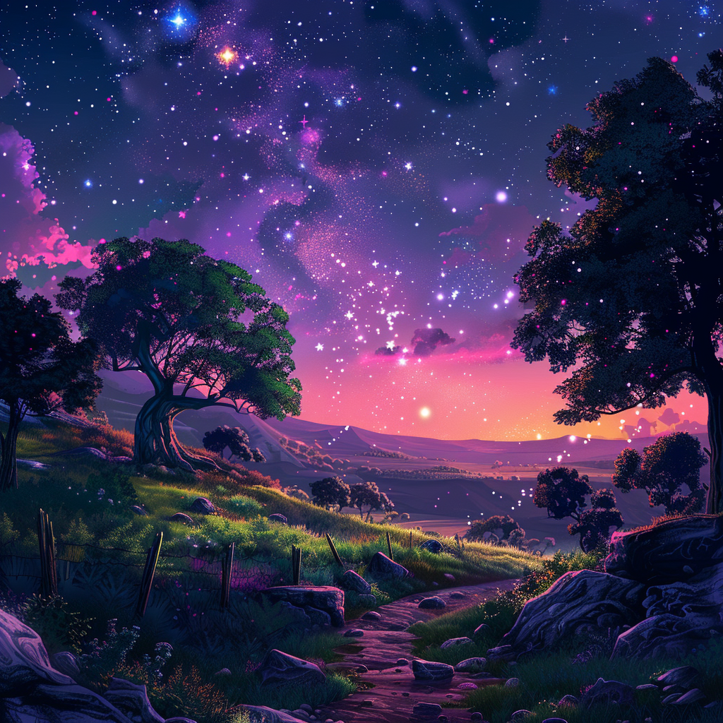 Enchanting avatar with a path through a mystical landscape under a starry night sky.