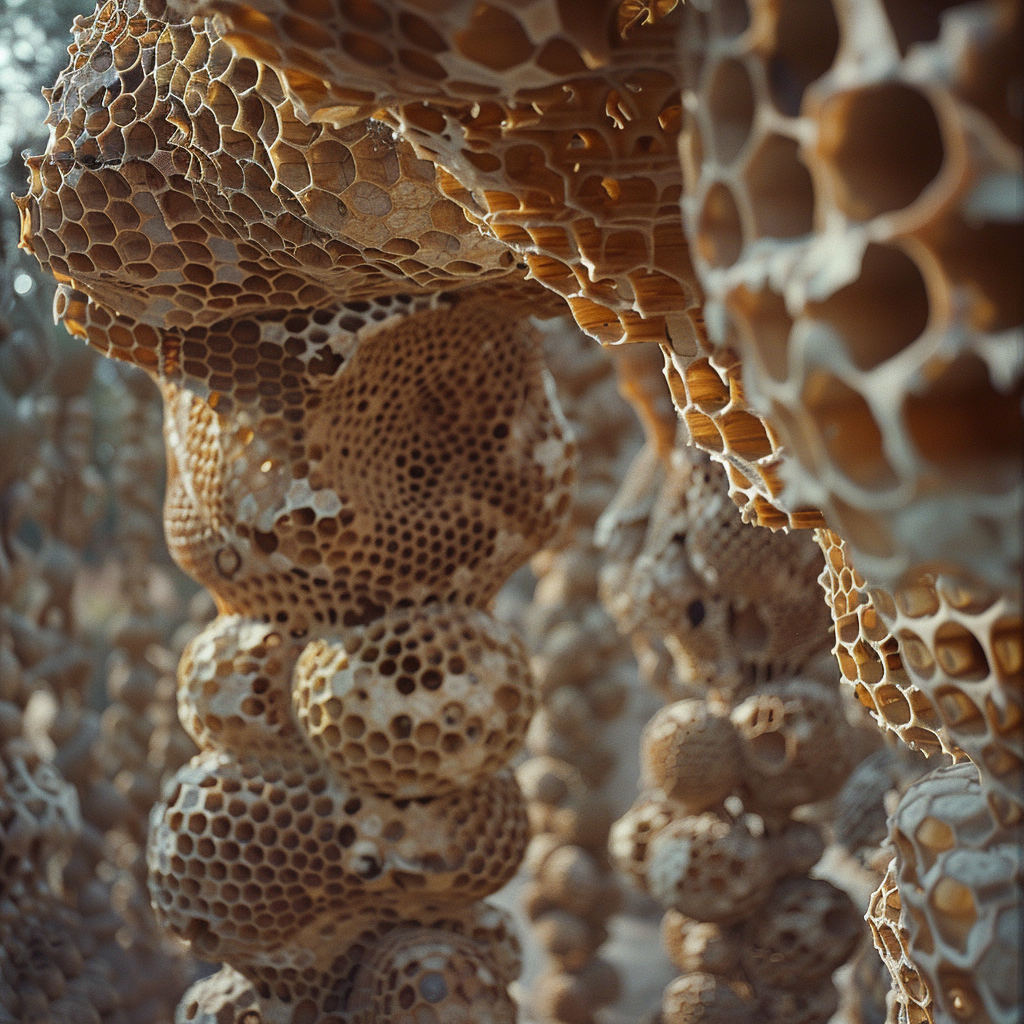 Close-up view of a beehive's intricate honeycomb structure, ideal for an avatar or profile picture with a natural theme.