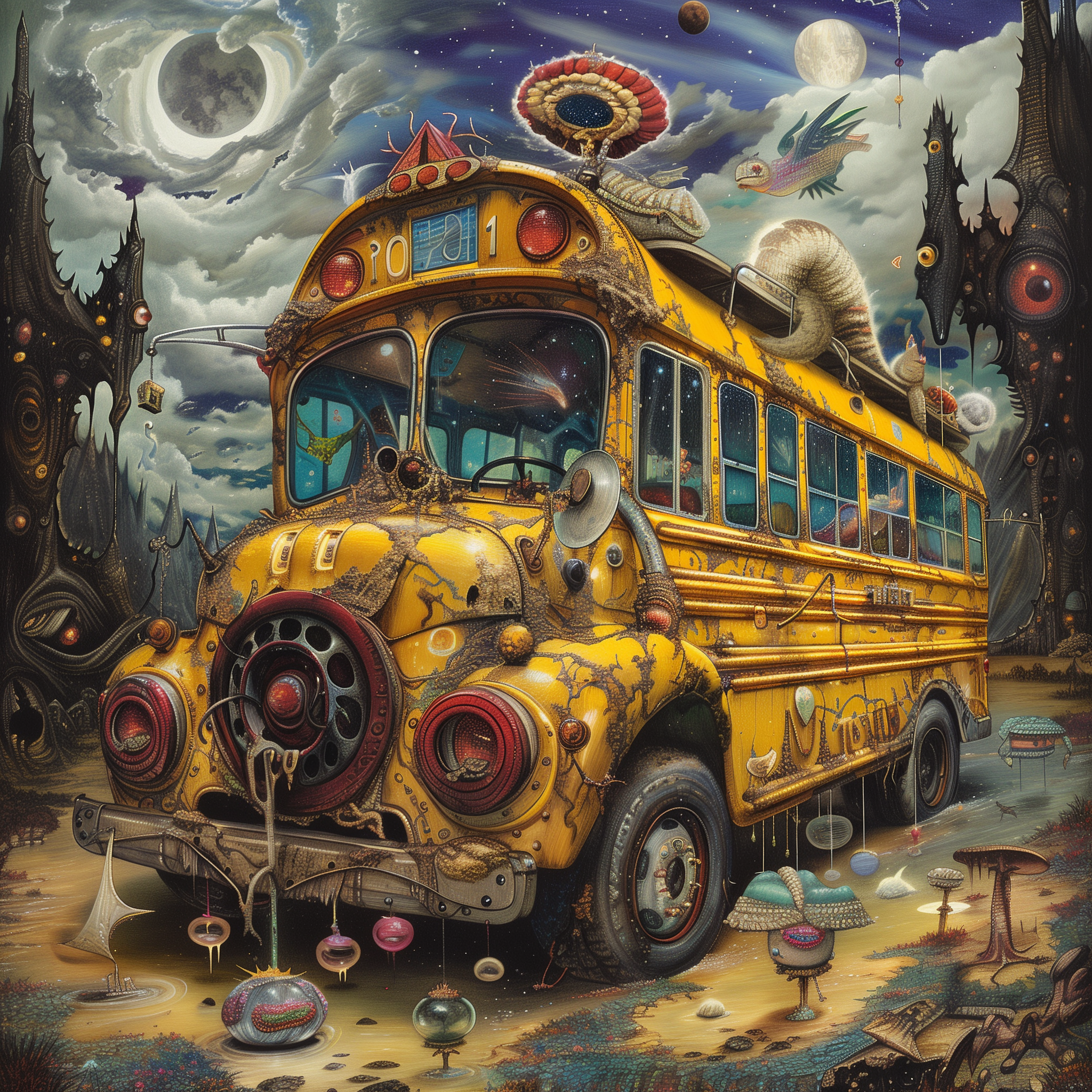 Surreal artwork of a yellow school bus with whimsical features for a creative avatar or profile picture.