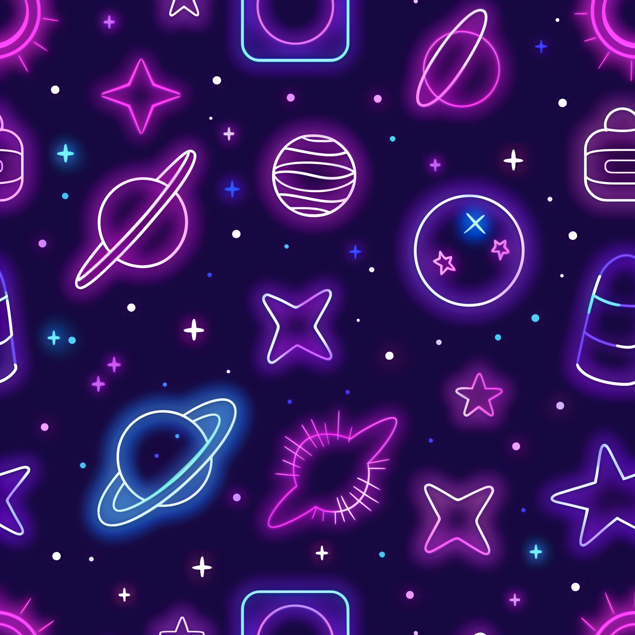 Neon space-themed avatar with glowing celestial bodies and stars on a dark background.