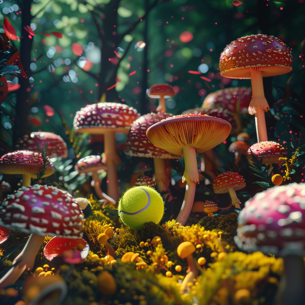 Tennis ball nestled among vibrant red mushrooms in an enchanting forest setting, perfect for an avatar or profile picture.