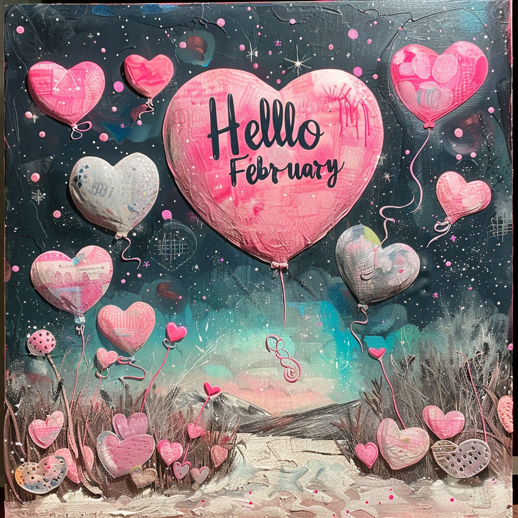 Colorful painting of multiple heart-shaped balloons with Hello February text, suitable for February-themed avatar or profile picture.