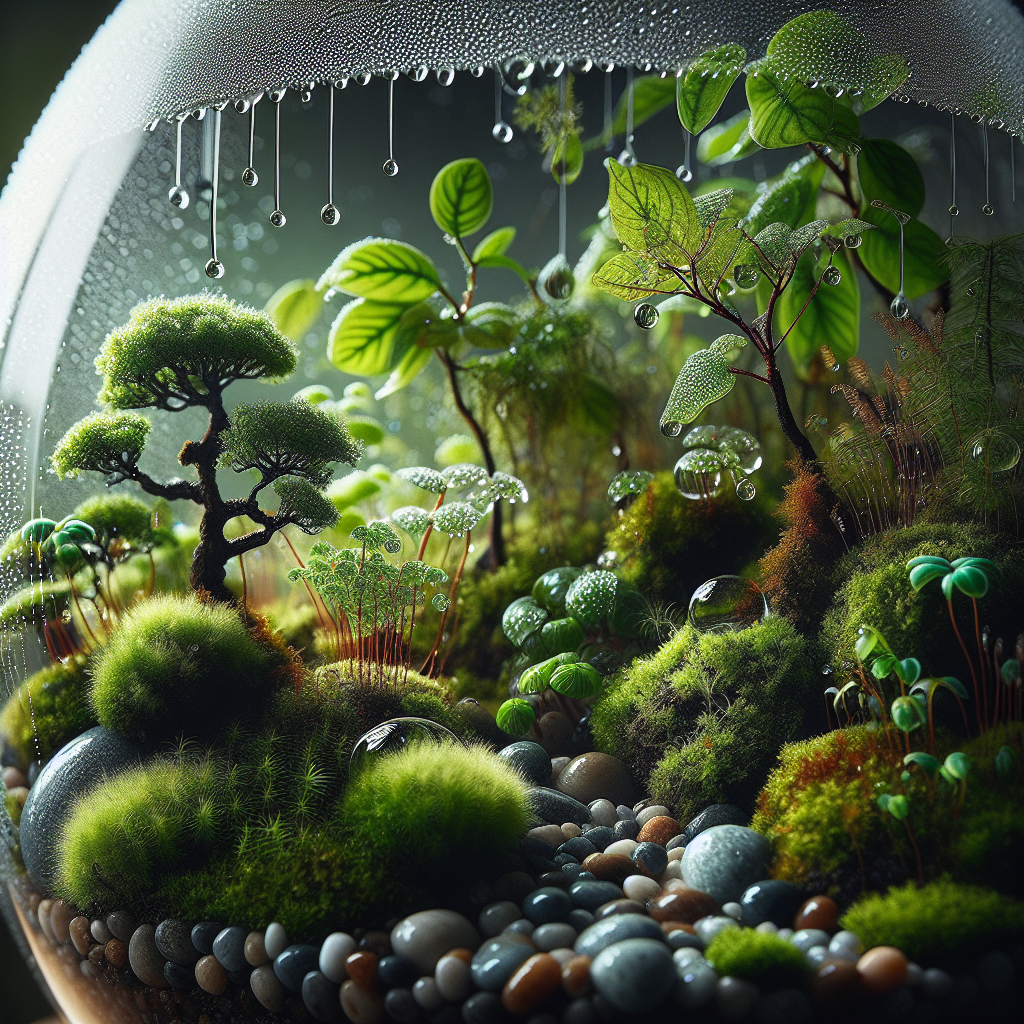Miniature lush green terrarium with a variety of plants and pebbles, used as a profile picture.