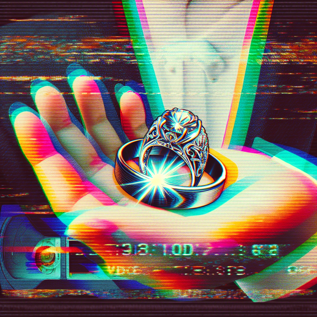 Stylized avatar featuring a sparkling wedding ring with a distinctive design, set against a vibrant, glitch art background.