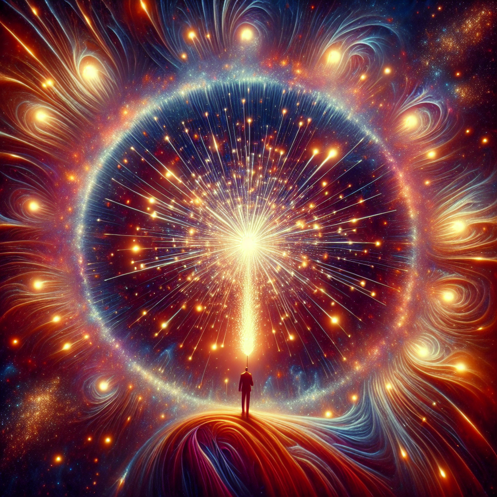 Avatar featuring a person holding a sparkler with a cosmic background radiating vibrant lights and energy patterns.