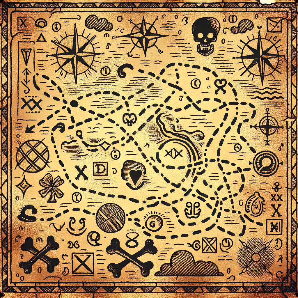 A detailed treasure map featuring symbols like skulls, compasses, and anchors, designed as a forum avatar that captures adventure and mystery.