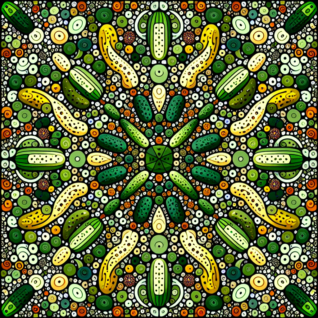 A vibrant forum avatar featuring a kaleidoscope of pickles, surrounded by colorful dots and patterns, creating an engaging and playful visual profile.