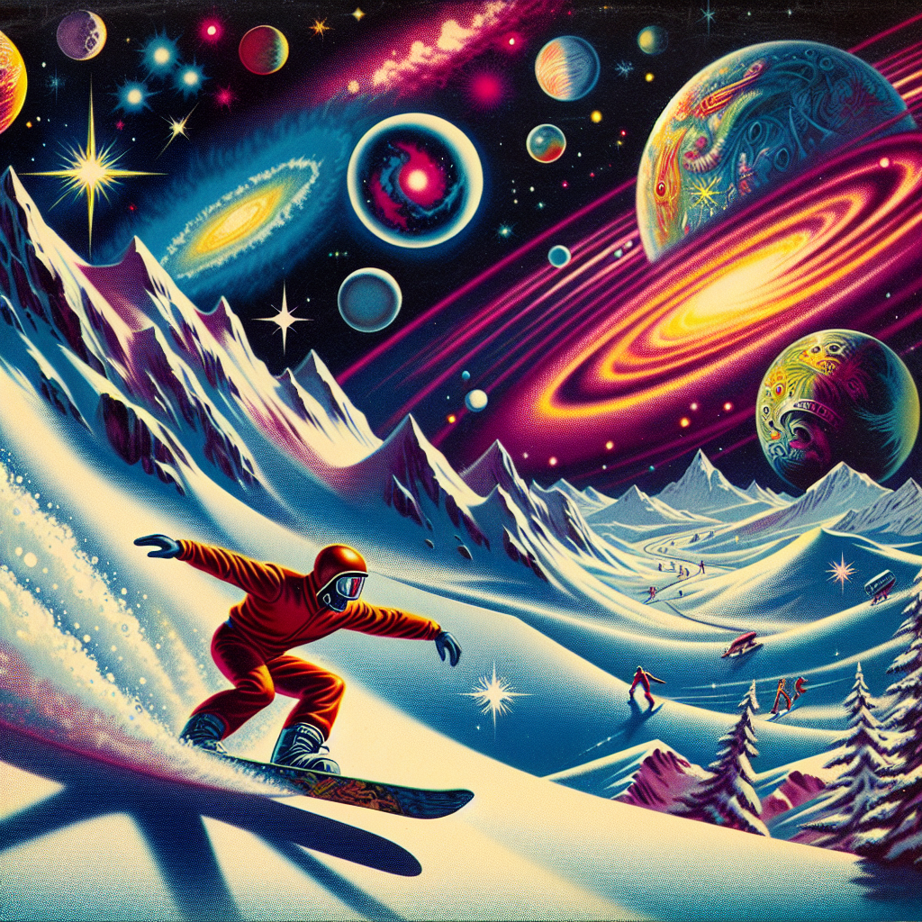 Avatar of a snowboarder gliding down a snowy slope with a vibrant cosmic backdrop featuring planets and stars.