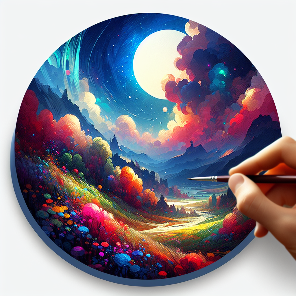 An artist's hand adding details to a vibrant, fantasy landscape avatar with a moonlit night sky.