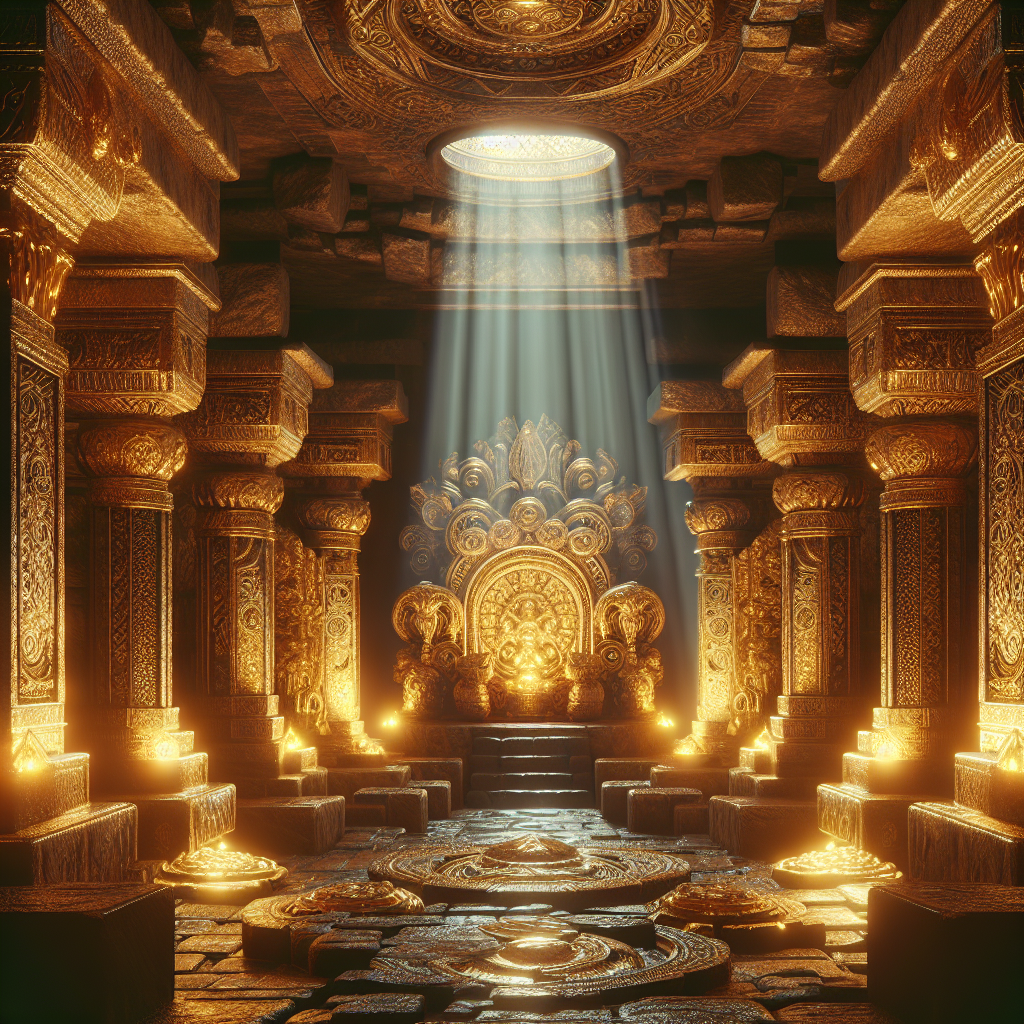 Avatar of an intricately designed dungeon interior with golden ornate pillars and a mystical central beam of light.