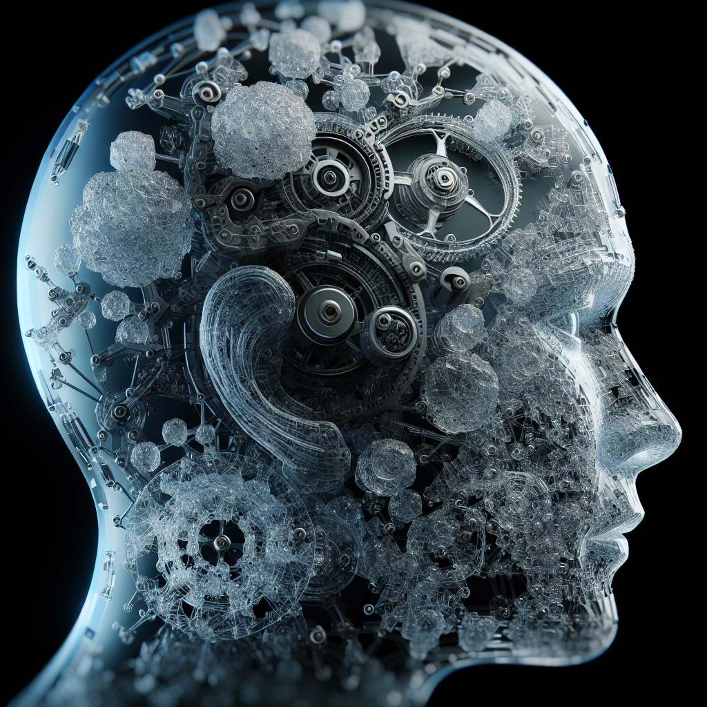 3D avatar profile picture featuring a transparent head silhouette with intricate mechanical gears and cogs resembling a brain, on a dark background, symbolizing artificial intelligence or complex thinking.