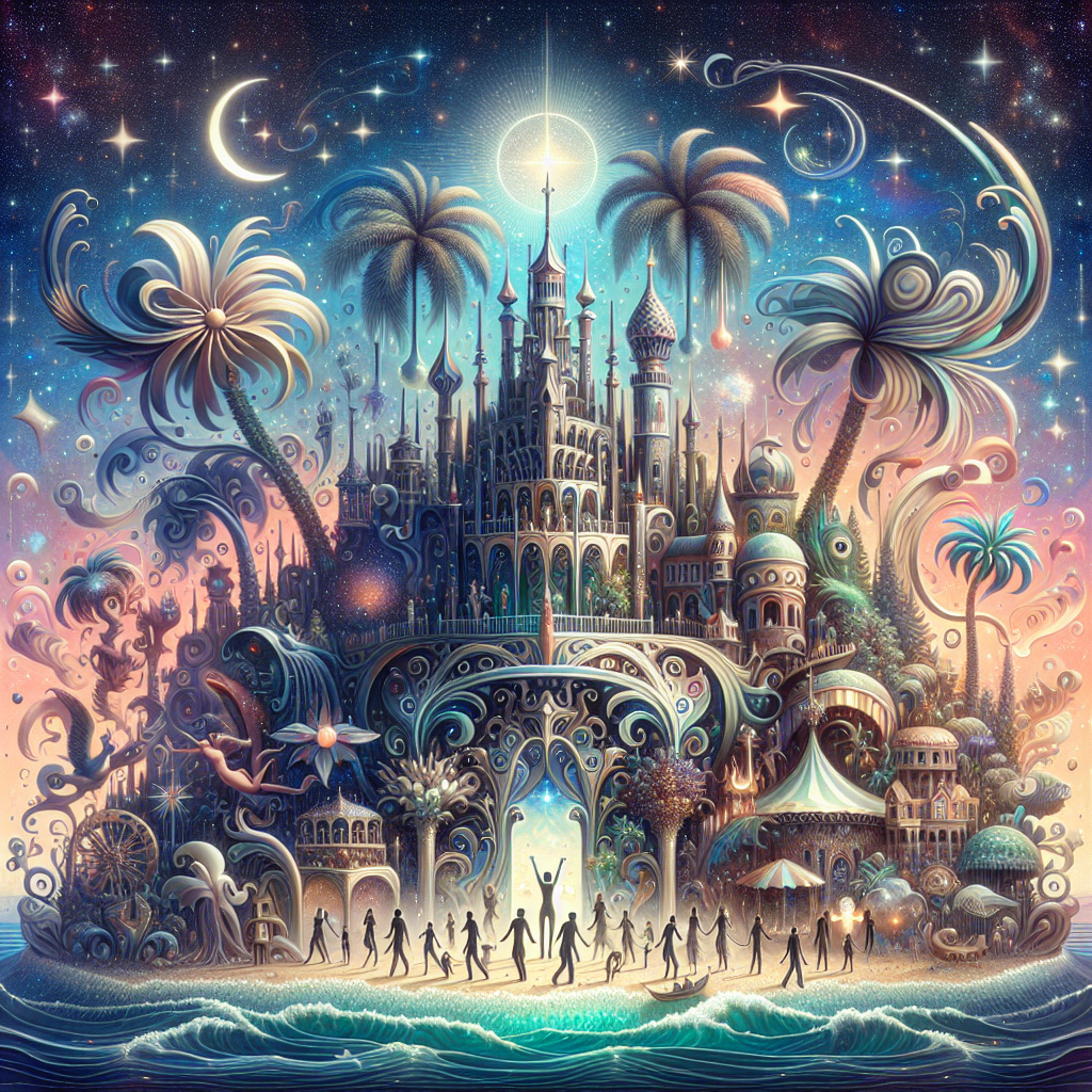 Fantasy resort-themed avatar depicting an intricately detailed and whimsical palace surrounded by palm trees, stars, and people, evoking a magical vacation destination.
