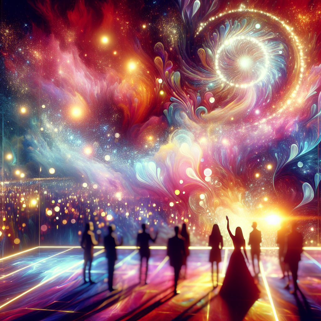 Silhouettes of people celebrating under a vibrant cosmic sky filled with stars and nebulae for a festive avatar.