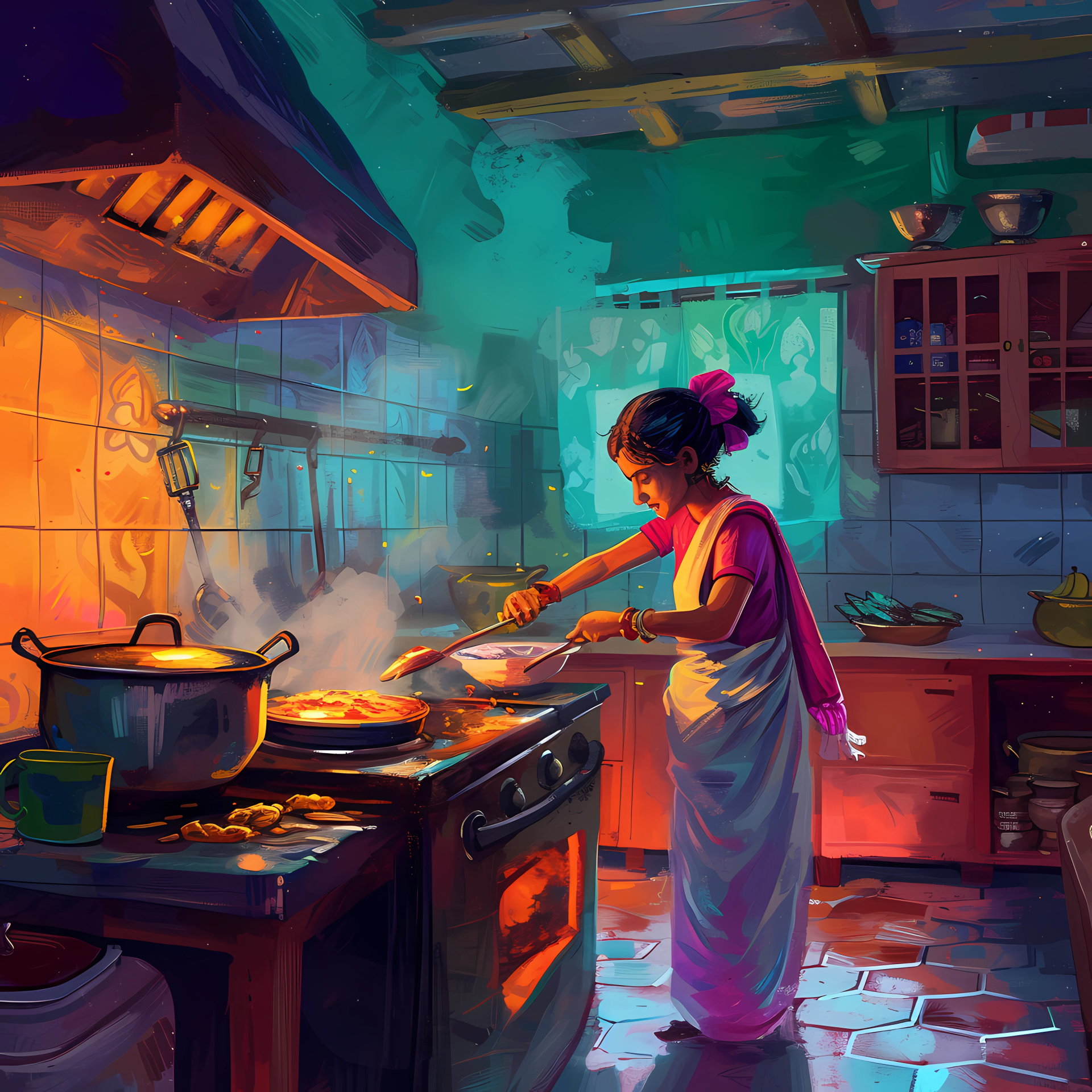A woman in a sari cooks curry in a vibrant Indian kitchen, surrounded by pots and spices, embodying the art of traditional cooking. Perfect avatar for culinary enthusiasts.