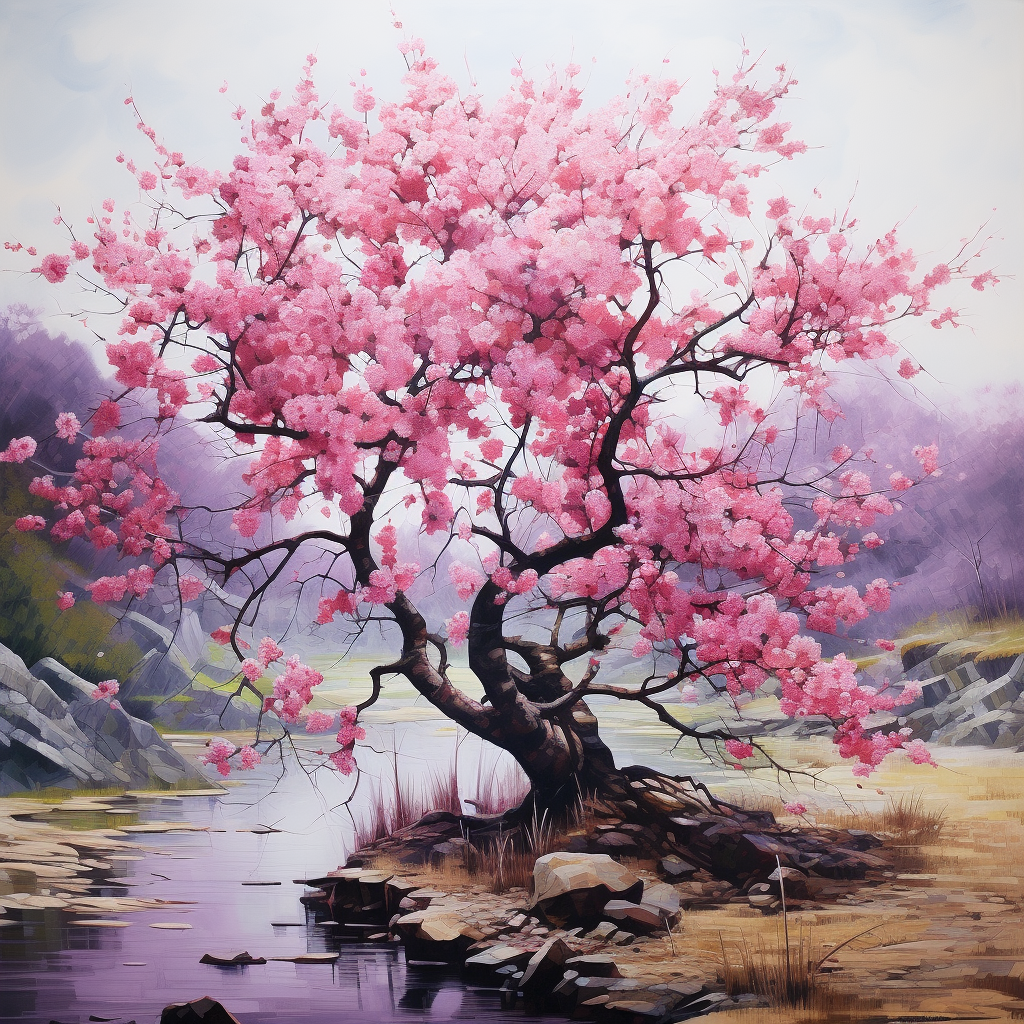 A vibrant cherry blossom tree stands by a tranquil body of water, surrounded by gentle rocks and a serene landscape, making it a beautiful avatar for nature lovers.