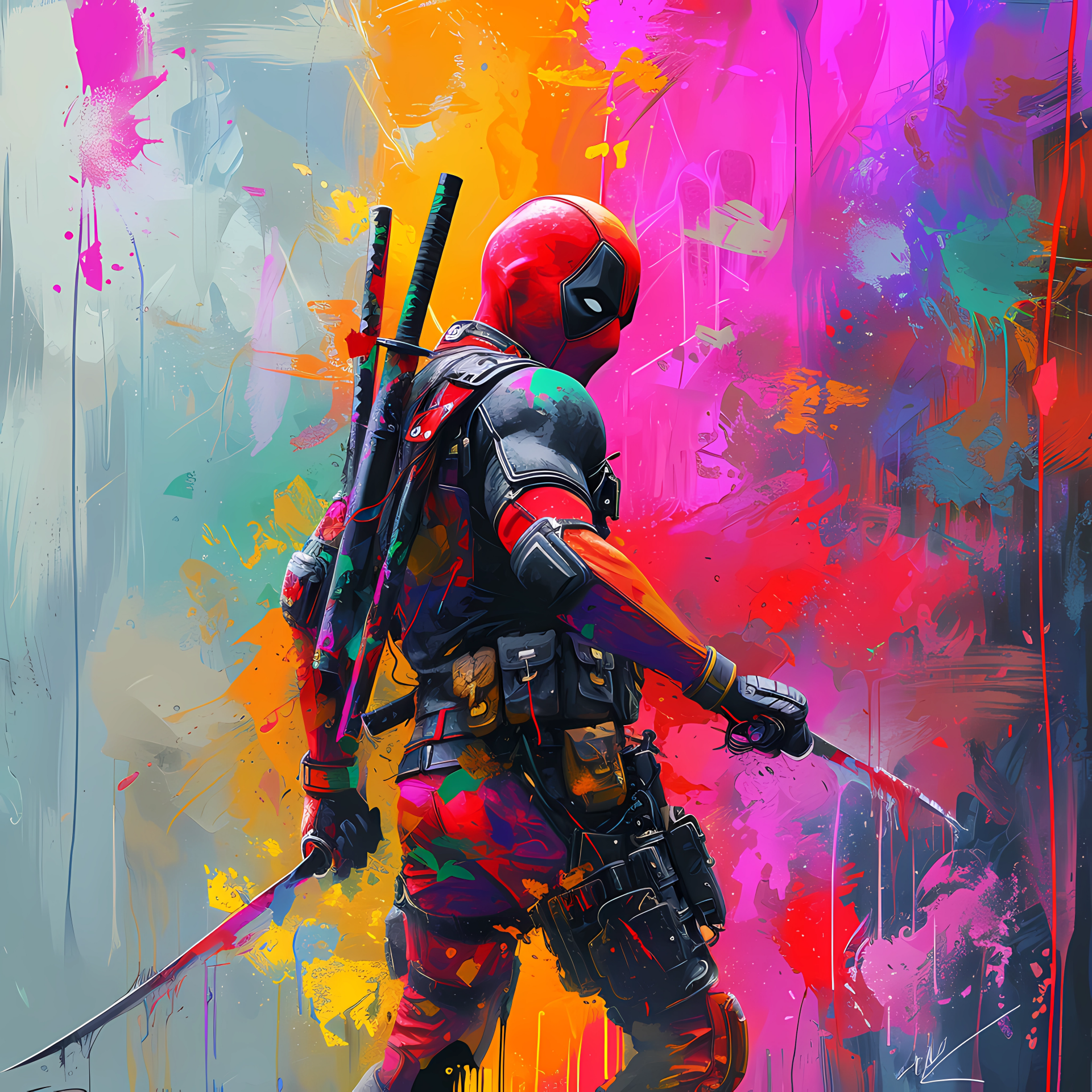 A vibrant fan art depiction of Deadpool as a forum avatar, showcasing the character in a colorful, abstract background with his iconic costume and weapons.