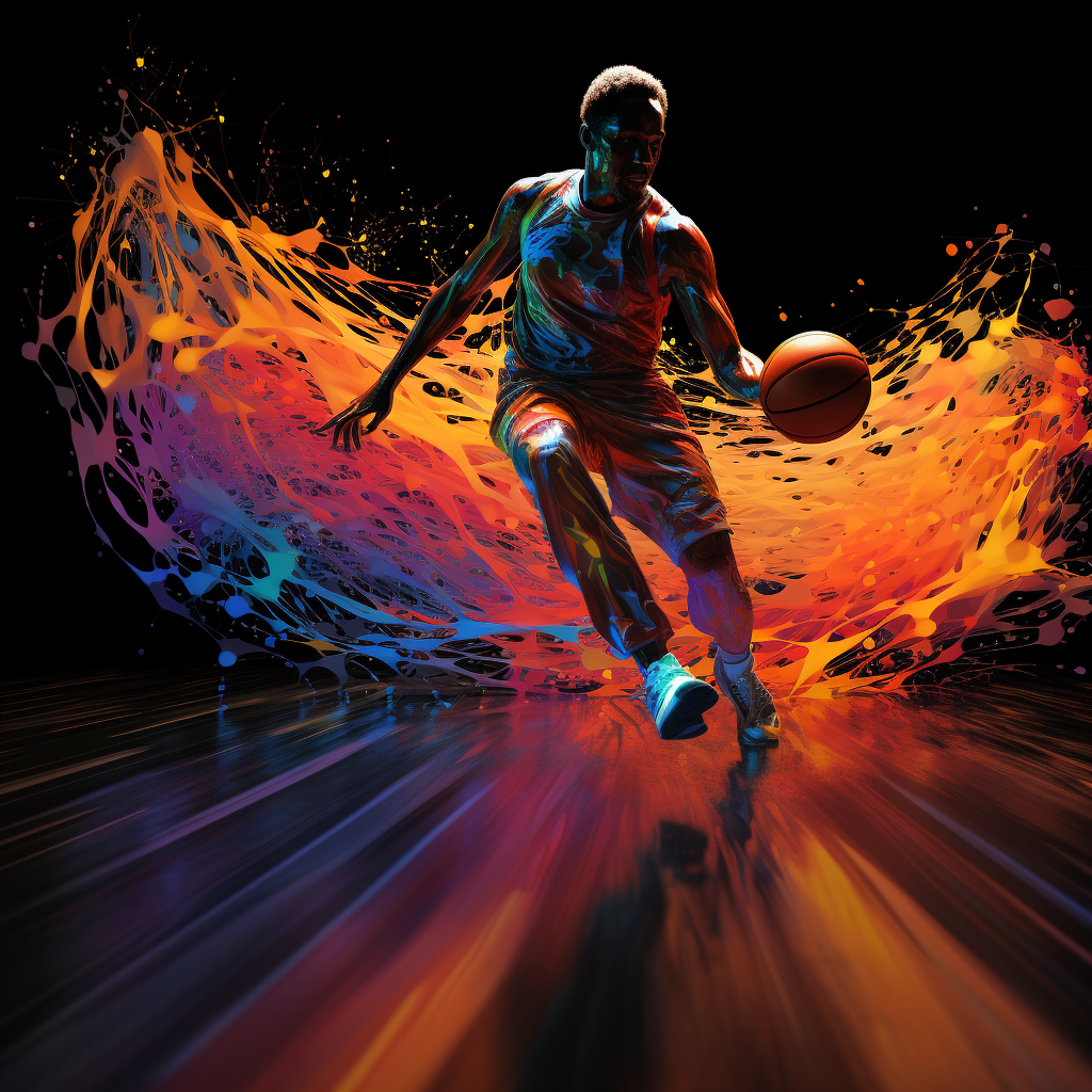 Dynamic NBA themed avatar featuring a basketball player dribbling at high speed with a vibrant, colorful trail effect.