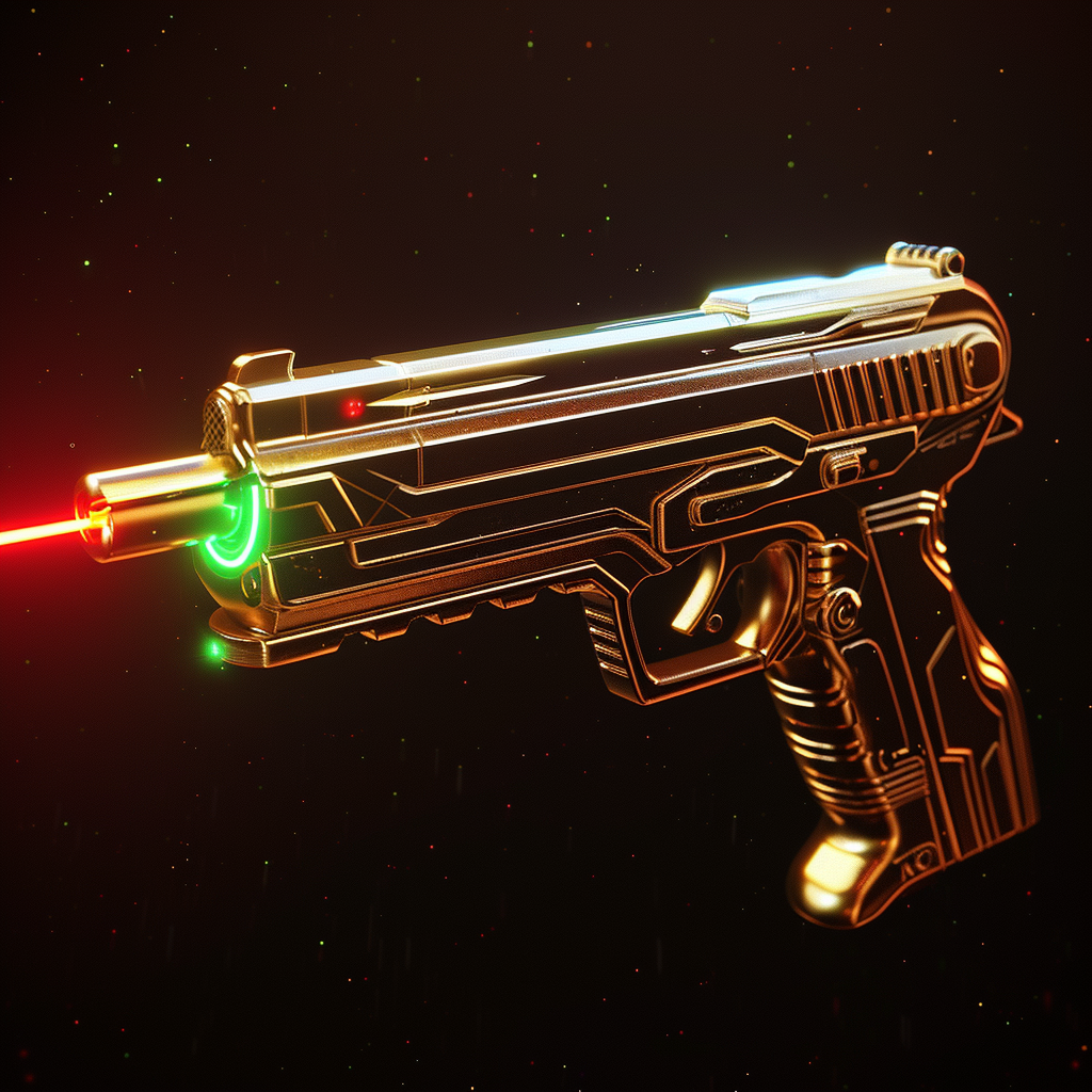 Sci-fi themed avatar featuring a detailed illustration of a laser gun emitting a red beam, set against a starry space backdrop.