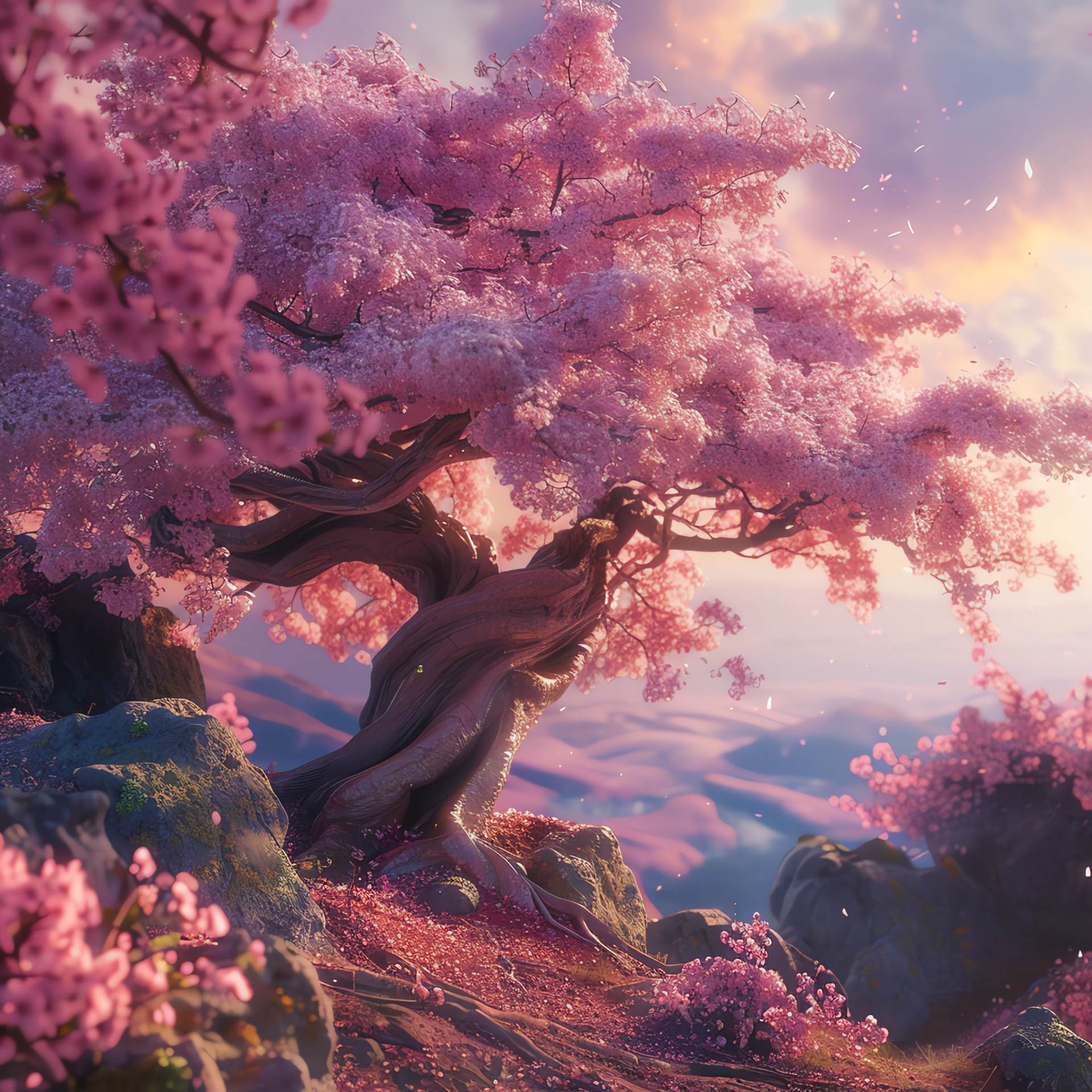 Blossoming sakura tree at sunset for a serene avatar or profile picture background.