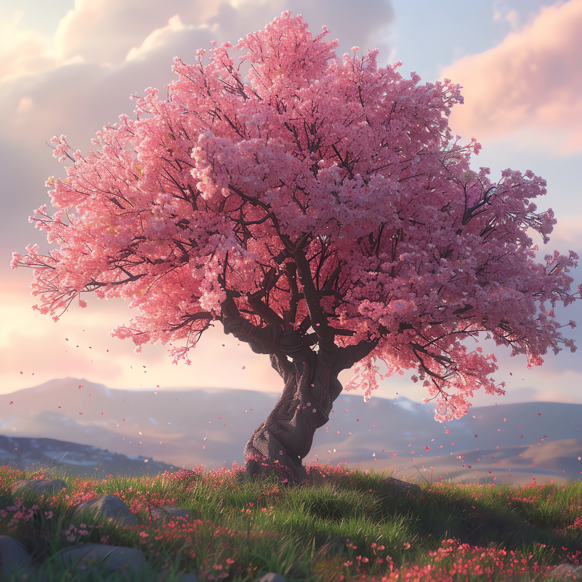 Profile photo of a vibrant sakura tree in full bloom on a scenic hillside, bathed in soft sunlight.