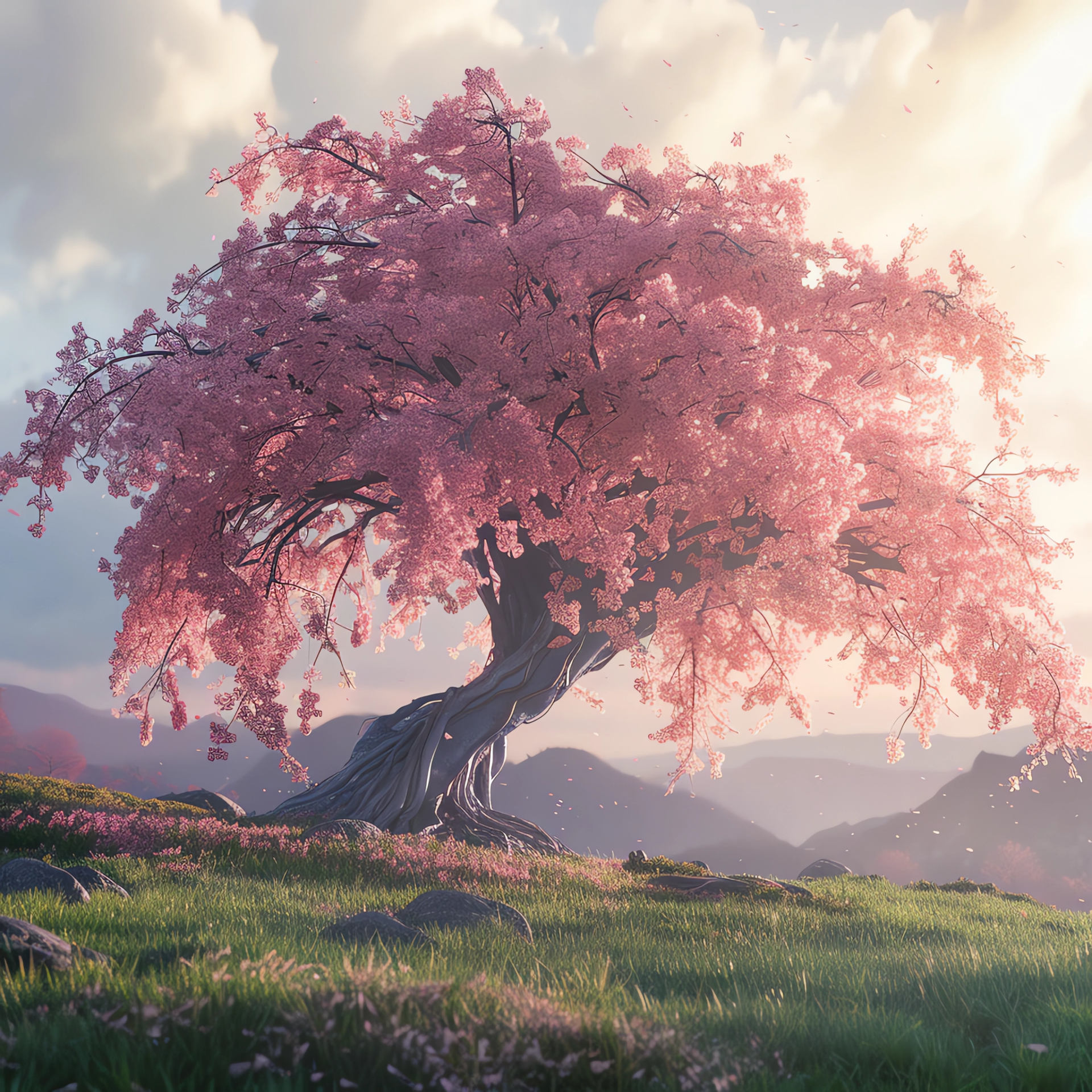 Profile photo of a vibrant sakura tree in full bloom, set against a soft sunset and rolling hills.
