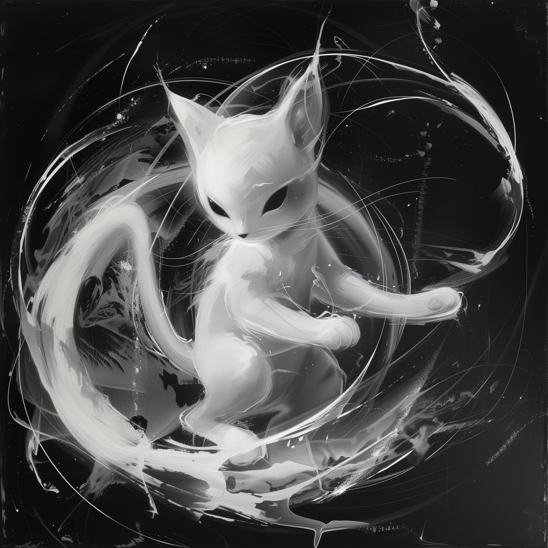 Artistic monochrome avatar of Mew, the Psychic-type Mythical Pokémon, with swirling energy around it.