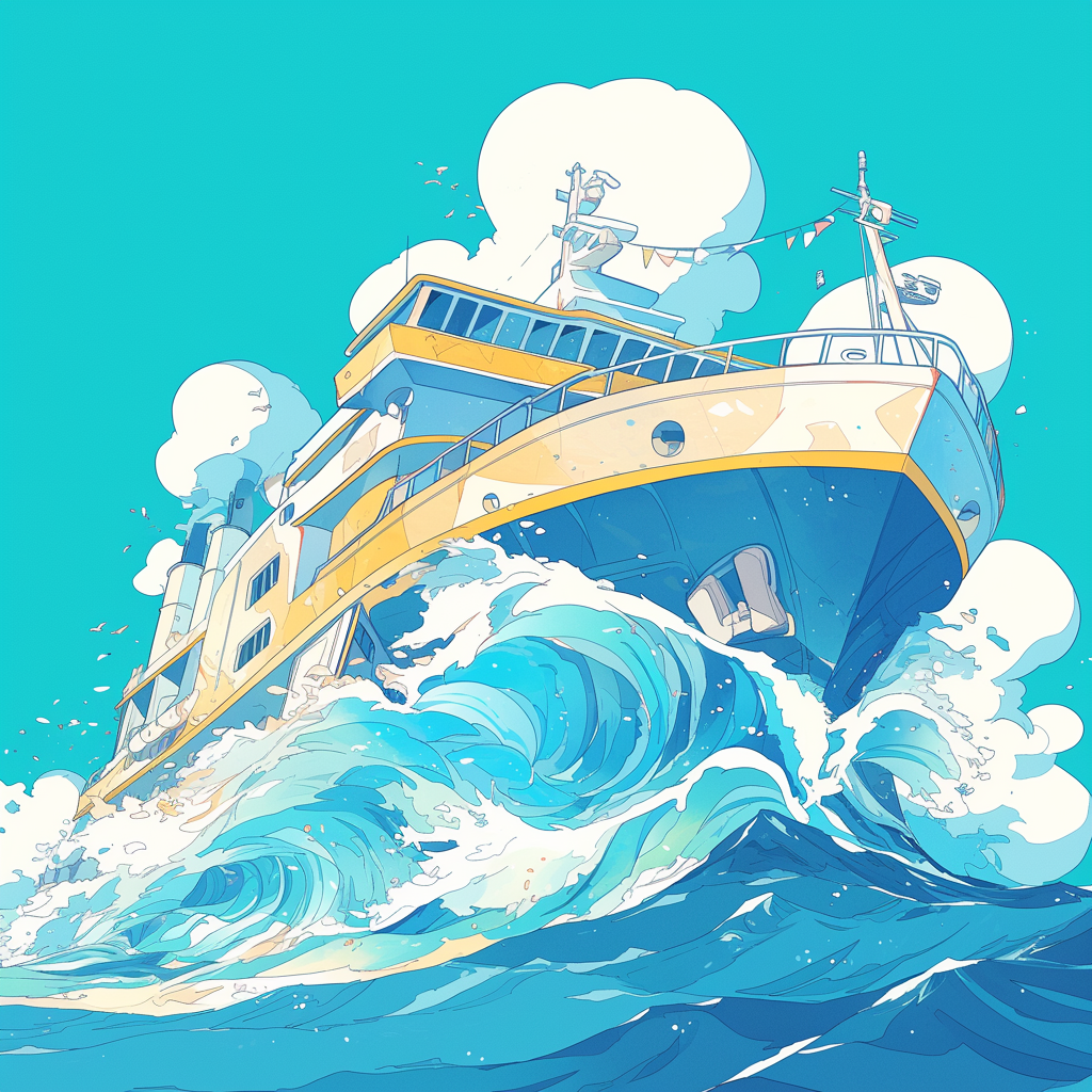 Illustration of a vibrant cruise ship navigating through dynamic ocean waves, styled as a lively forum avatar.