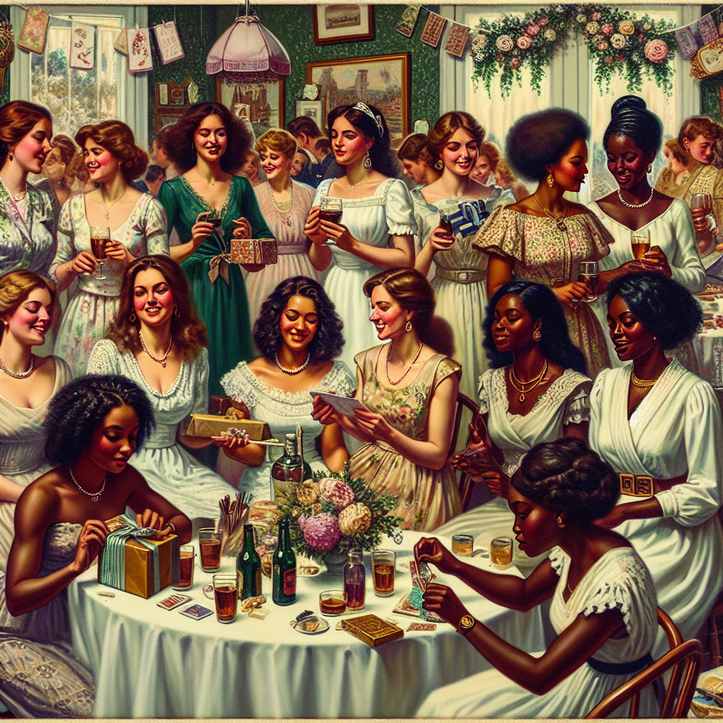 Profile photo of a vibrant bridal shower scene featuring a diverse group of women in elegant attire, gathered around a table adorned with gifts and refreshments.